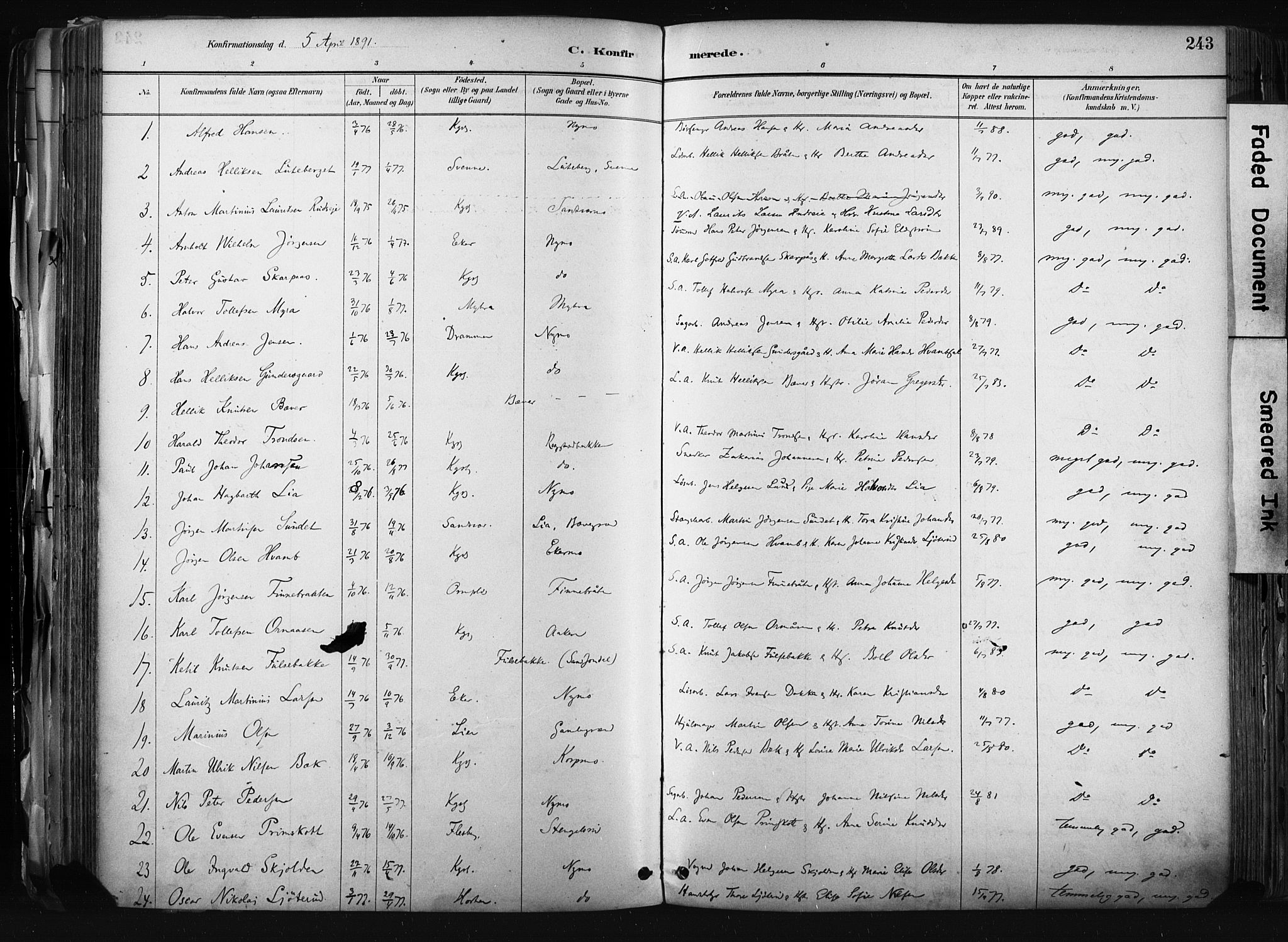 Kongsberg kirkebøker, SAKO/A-22/F/Fb/L0002: Parish register (official) no. II 2, 1886-1896, p. 243