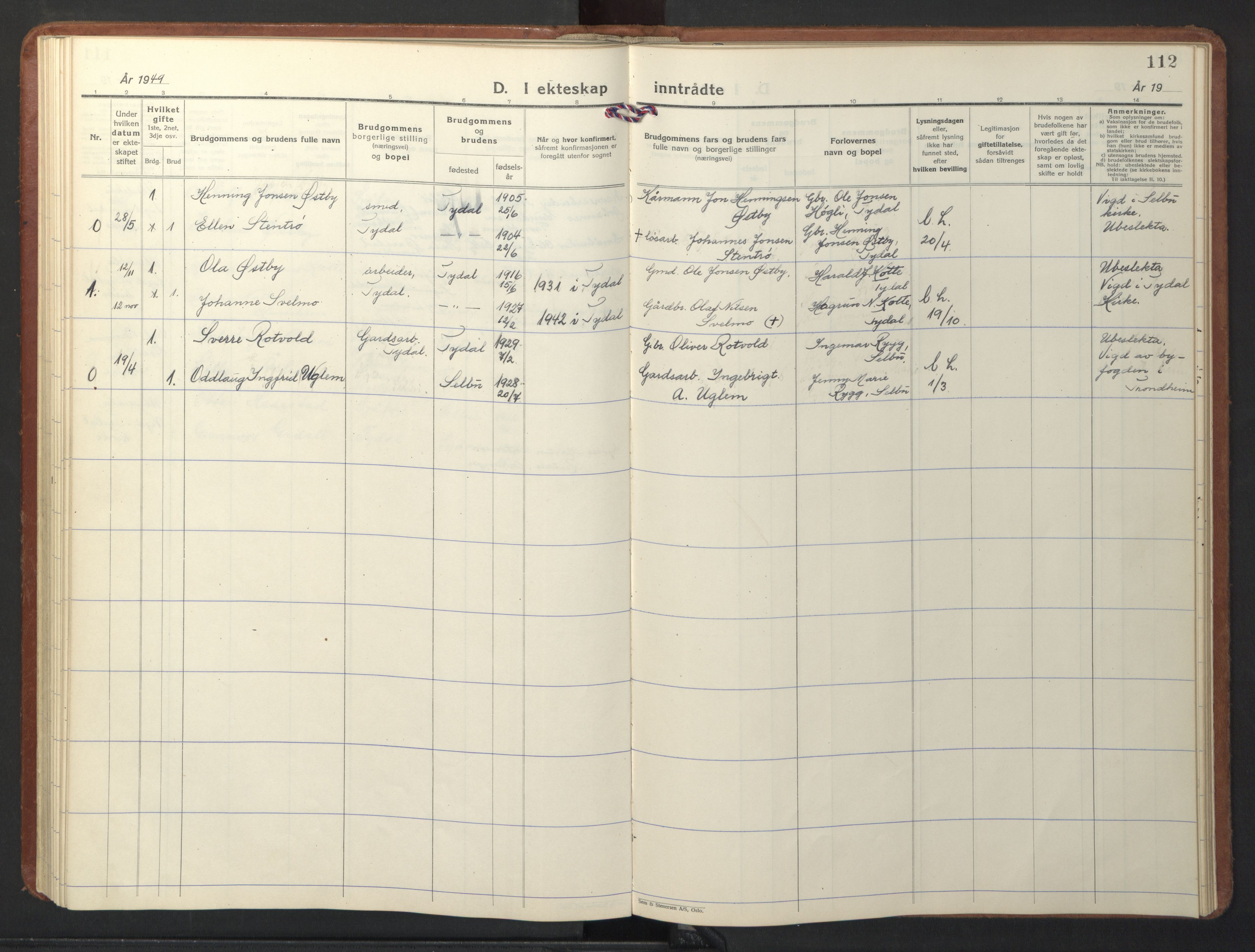 Ministerialprotokoller, klokkerbøker og fødselsregistre - Sør-Trøndelag, SAT/A-1456/698/L1169: Parish register (copy) no. 698C06, 1930-1949, p. 112