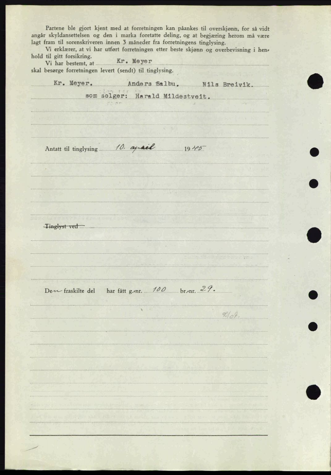 Midhordland sorenskriveri, SAB/A-3001/1/G/Gb/Gbj/L0019: Mortgage book no. A37-38, 1944-1945, Diary no: : 1037/1945