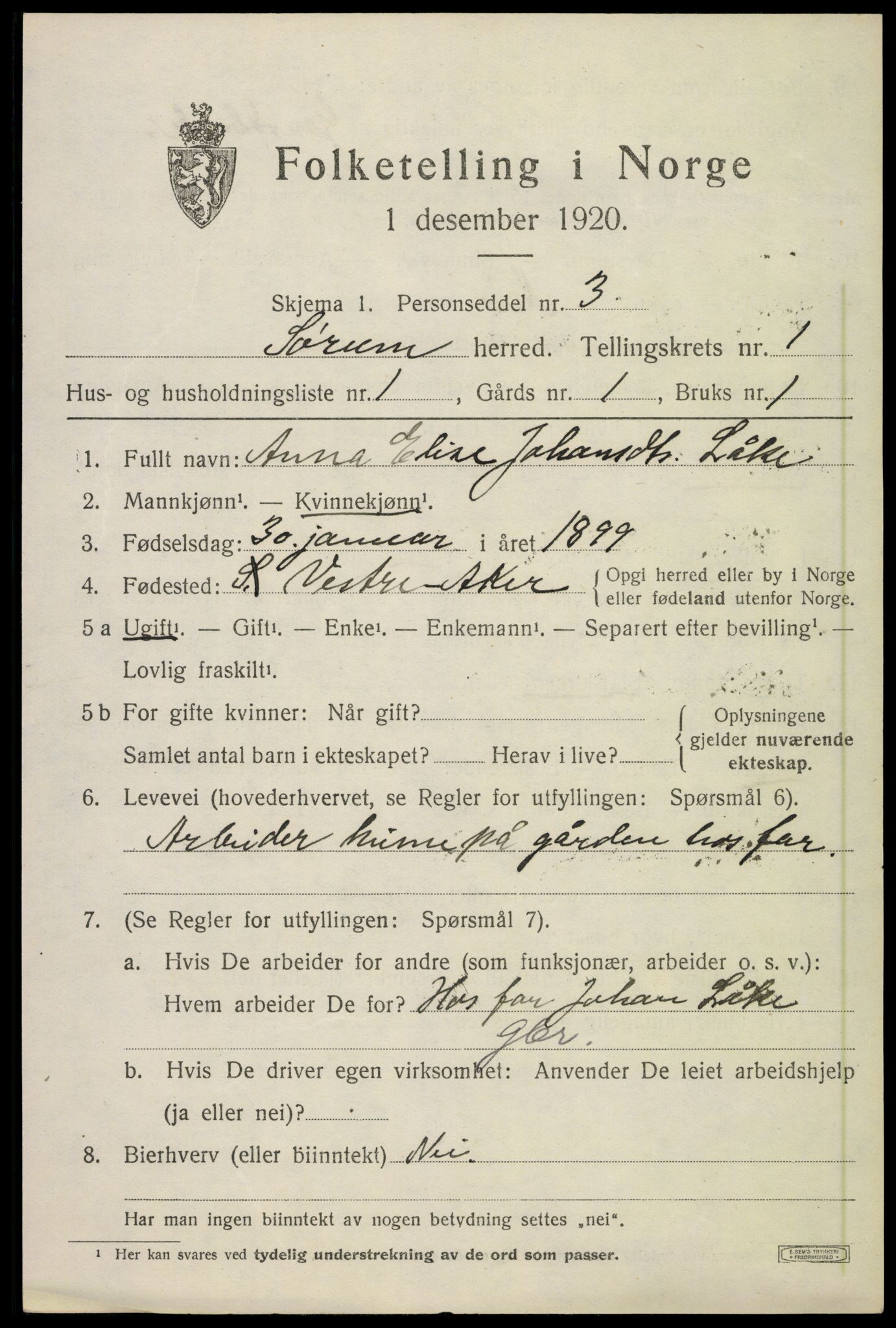 SAO, 1920 census for Sørum, 1920, p. 1127