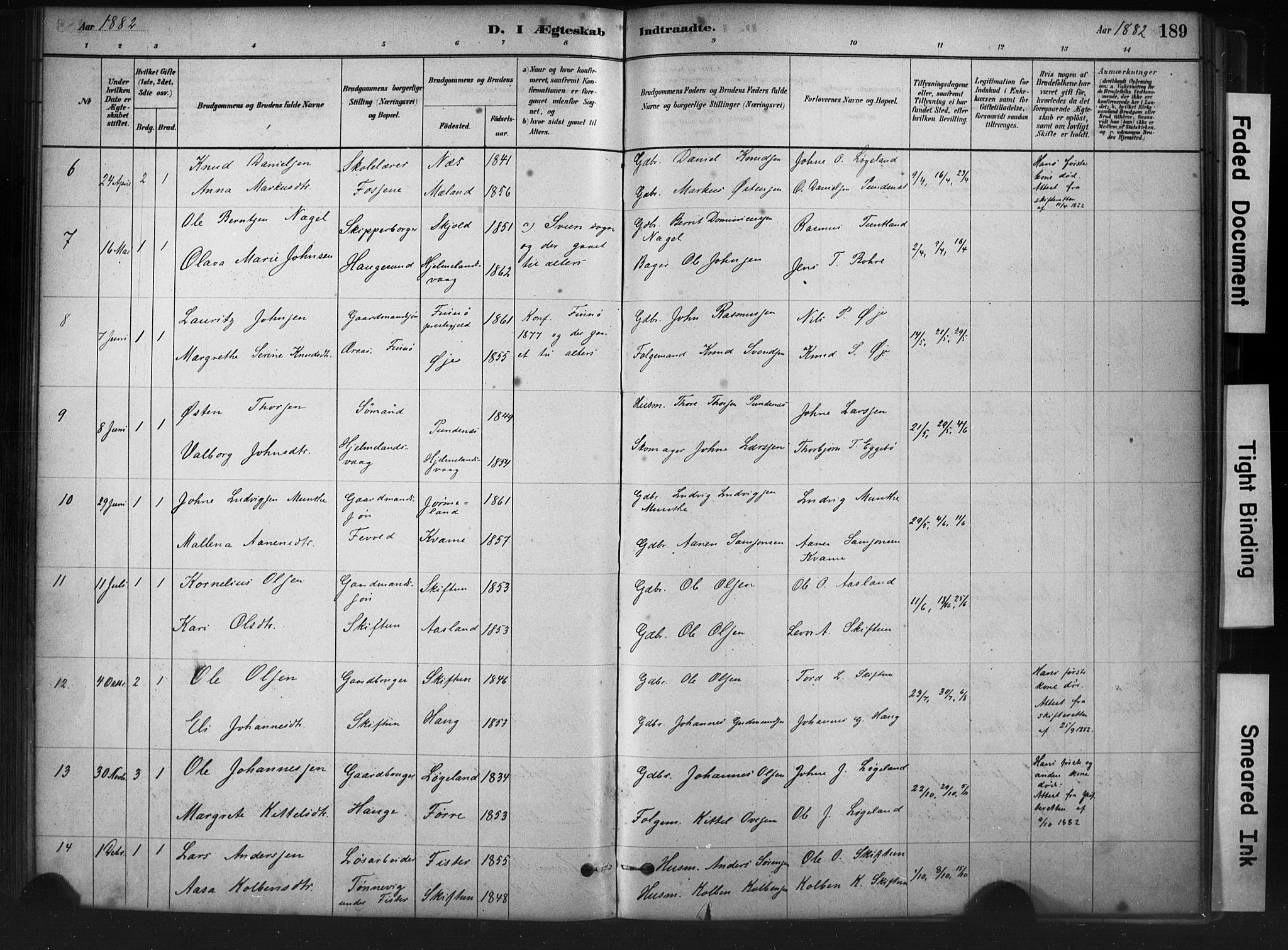 Hjelmeland sokneprestkontor, AV/SAST-A-101843/01/IV/L0014: Parish register (official) no. A 14, 1879-1900, p. 189