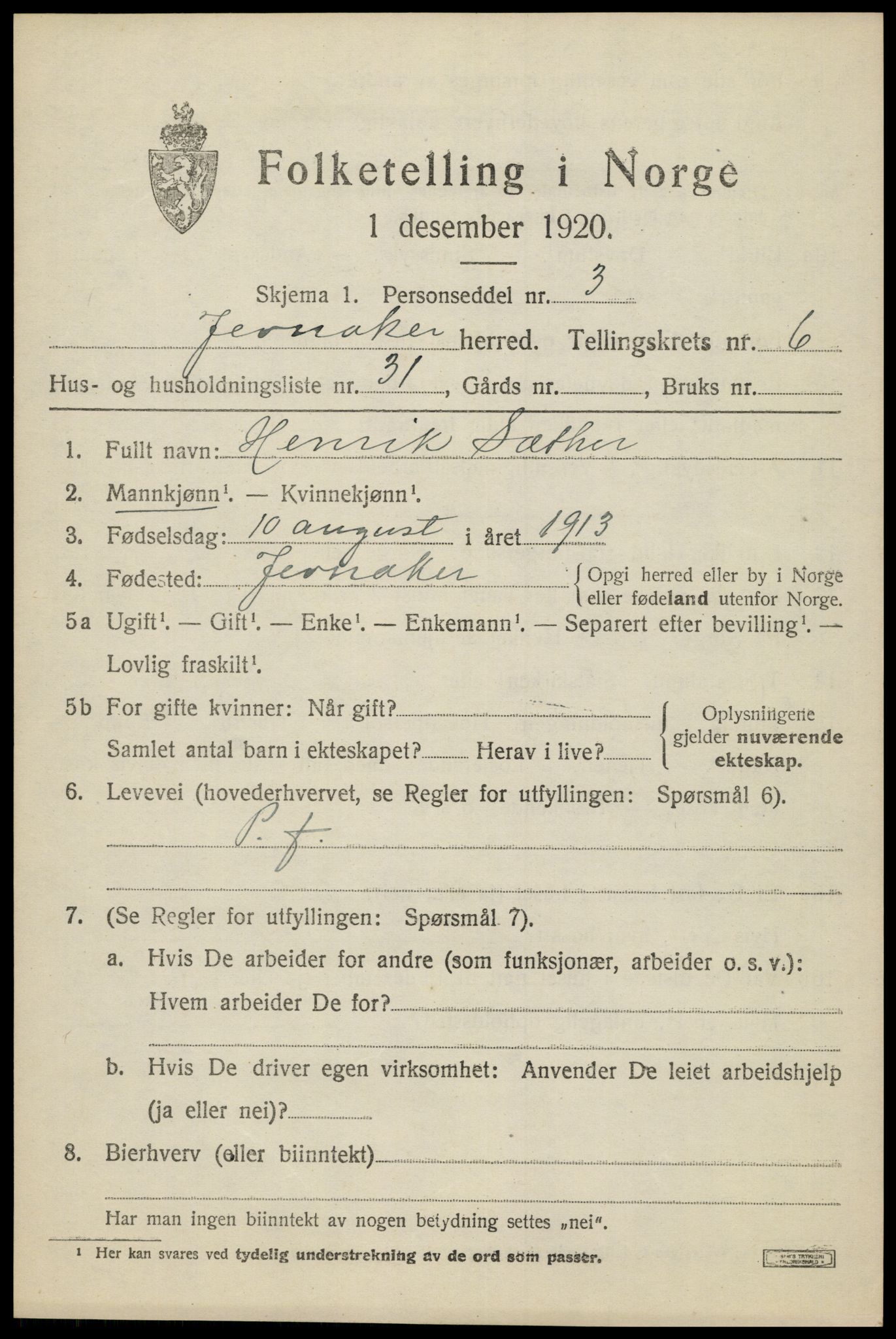 SAH, 1920 census for Jevnaker, 1920, p. 9163