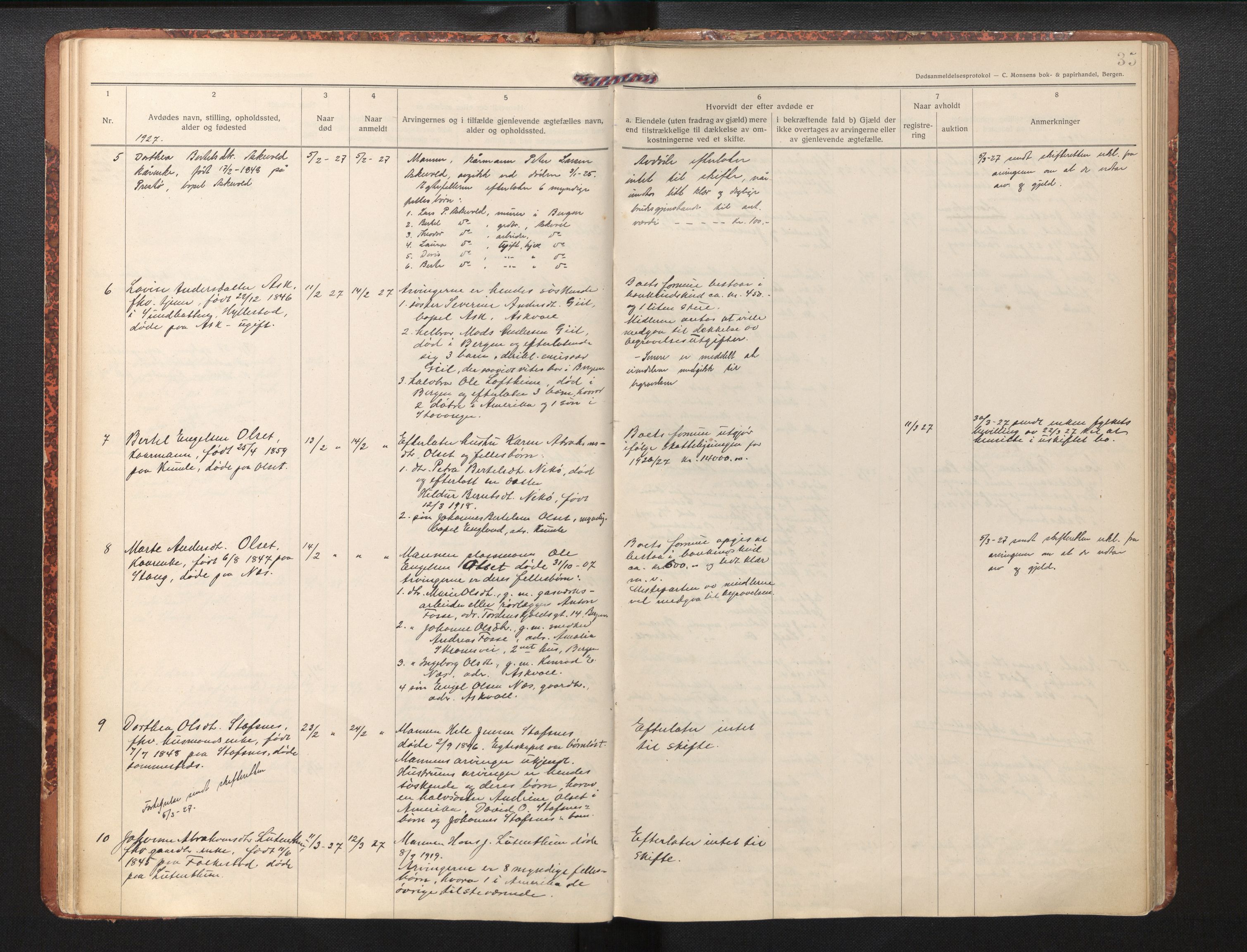 Lensmannen i Askvoll, SAB/A-26301/0006/L0001a: Dødsfallprotokoll, 1919-1942, p. 35