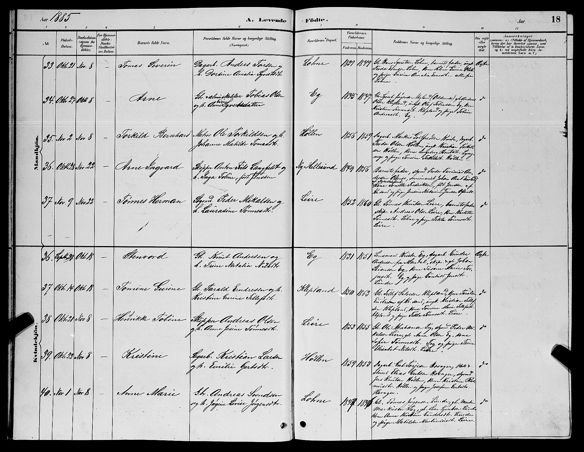 Søgne sokneprestkontor, AV/SAK-1111-0037/F/Fb/Fbb/L0005: Parish register (copy) no. B 5, 1884-1891, p. 18