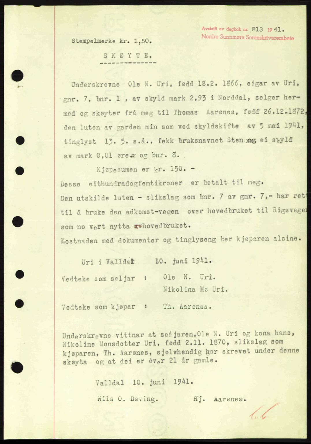 Nordre Sunnmøre sorenskriveri, SAT/A-0006/1/2/2C/2Ca: Mortgage book no. A11, 1941-1941, Diary no: : 813/1941