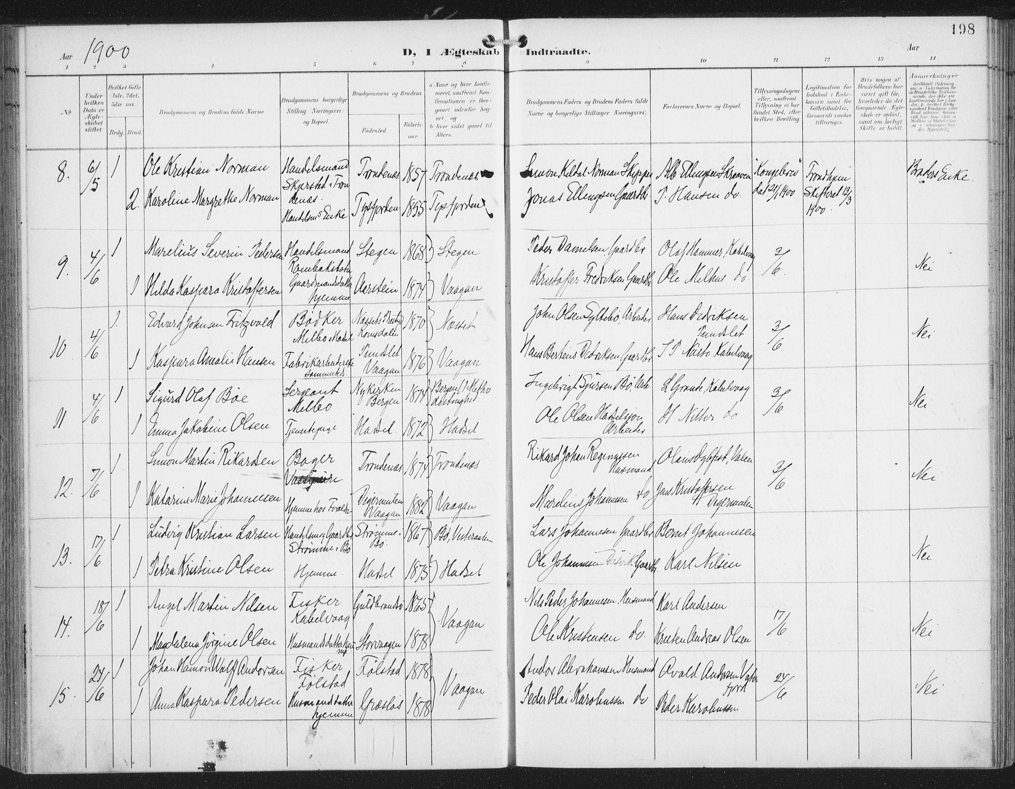 Ministerialprotokoller, klokkerbøker og fødselsregistre - Nordland, AV/SAT-A-1459/874/L1062: Parish register (official) no. 874A06, 1899-1907, p. 198