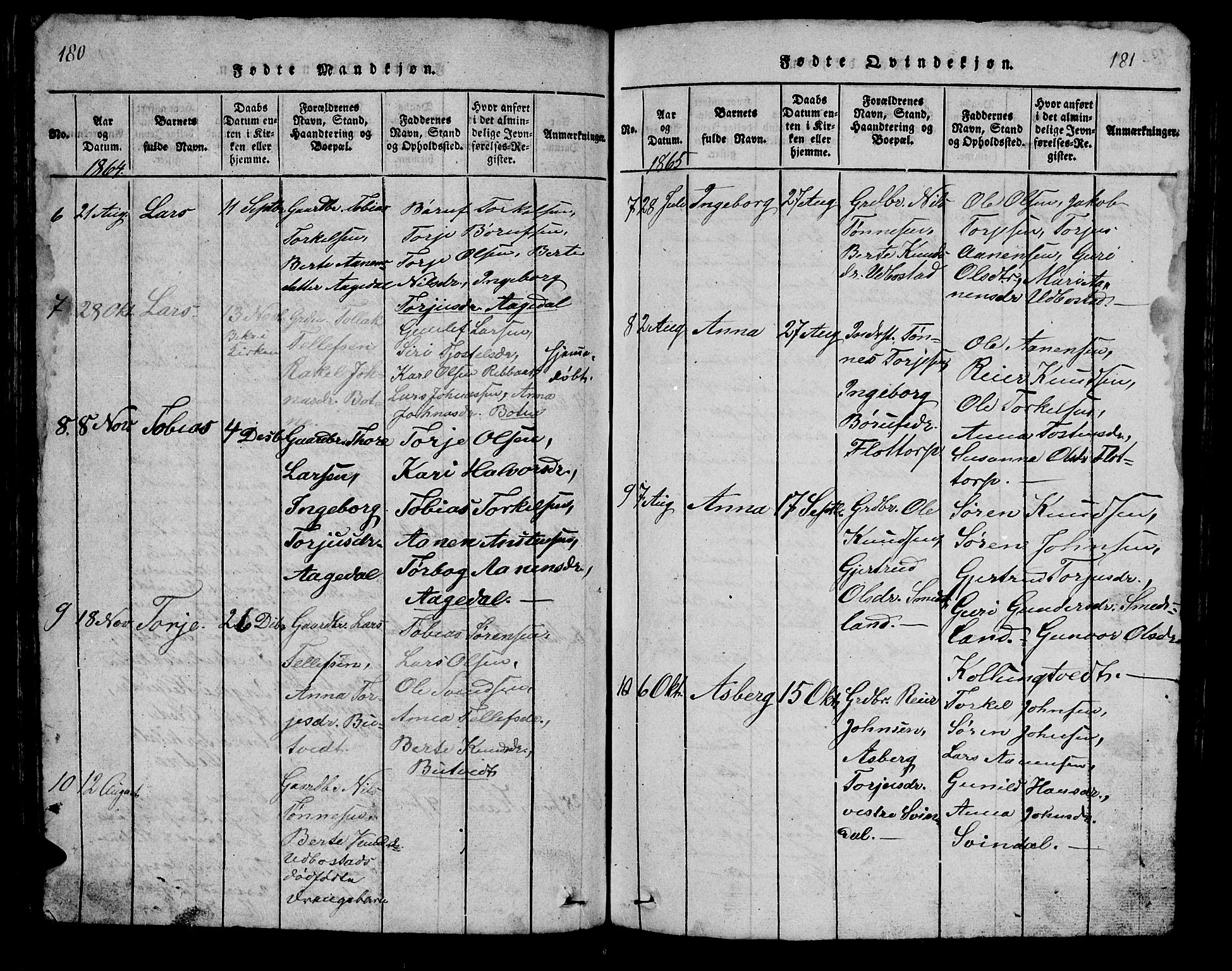 Bjelland sokneprestkontor, AV/SAK-1111-0005/F/Fb/Fbc/L0001: Parish register (copy) no. B 1, 1815-1870, p. 180-181