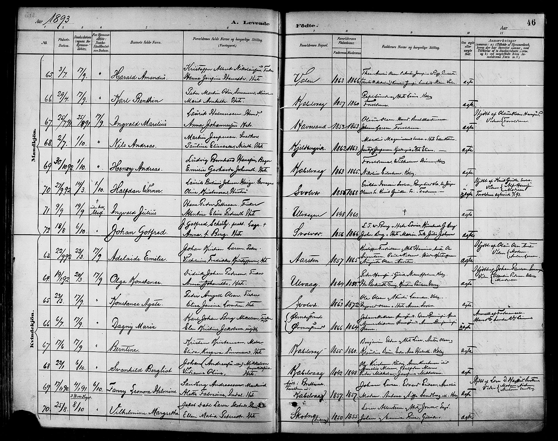 Ministerialprotokoller, klokkerbøker og fødselsregistre - Nordland, AV/SAT-A-1459/874/L1060: Parish register (official) no. 874A04, 1890-1899, p. 46