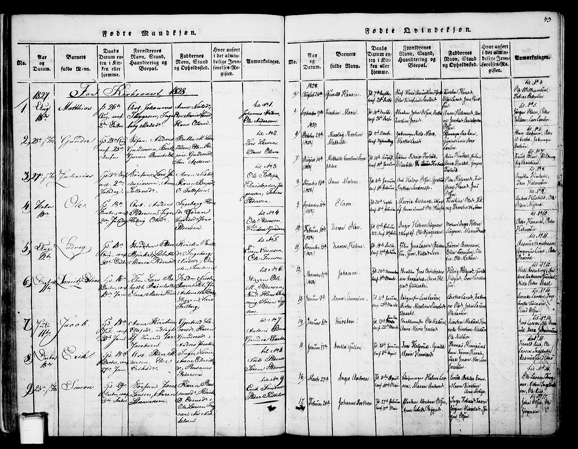 Skien kirkebøker, SAKO/A-302/F/Fa/L0005: Parish register (official) no. 5, 1814-1843, p. 43