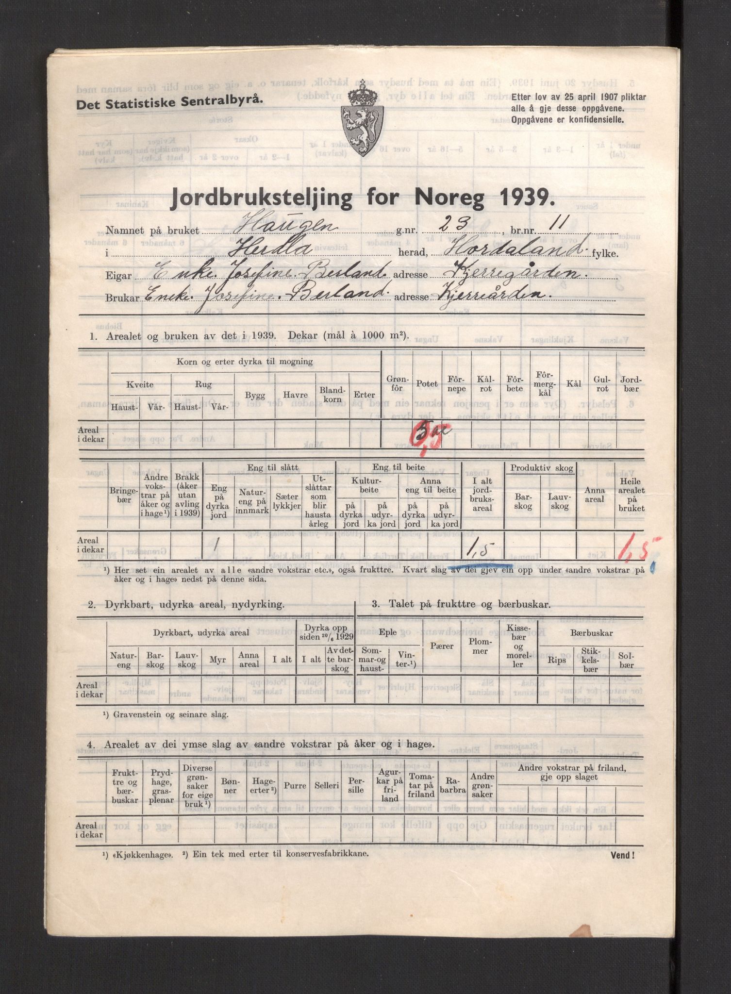 Statistisk sentralbyrå, Næringsøkonomiske emner, Jordbruk, skogbruk, jakt, fiske og fangst, AV/RA-S-2234/G/Gb/L0211: Hordaland: Herdla, Hjelme og Manger, 1939, p. 105