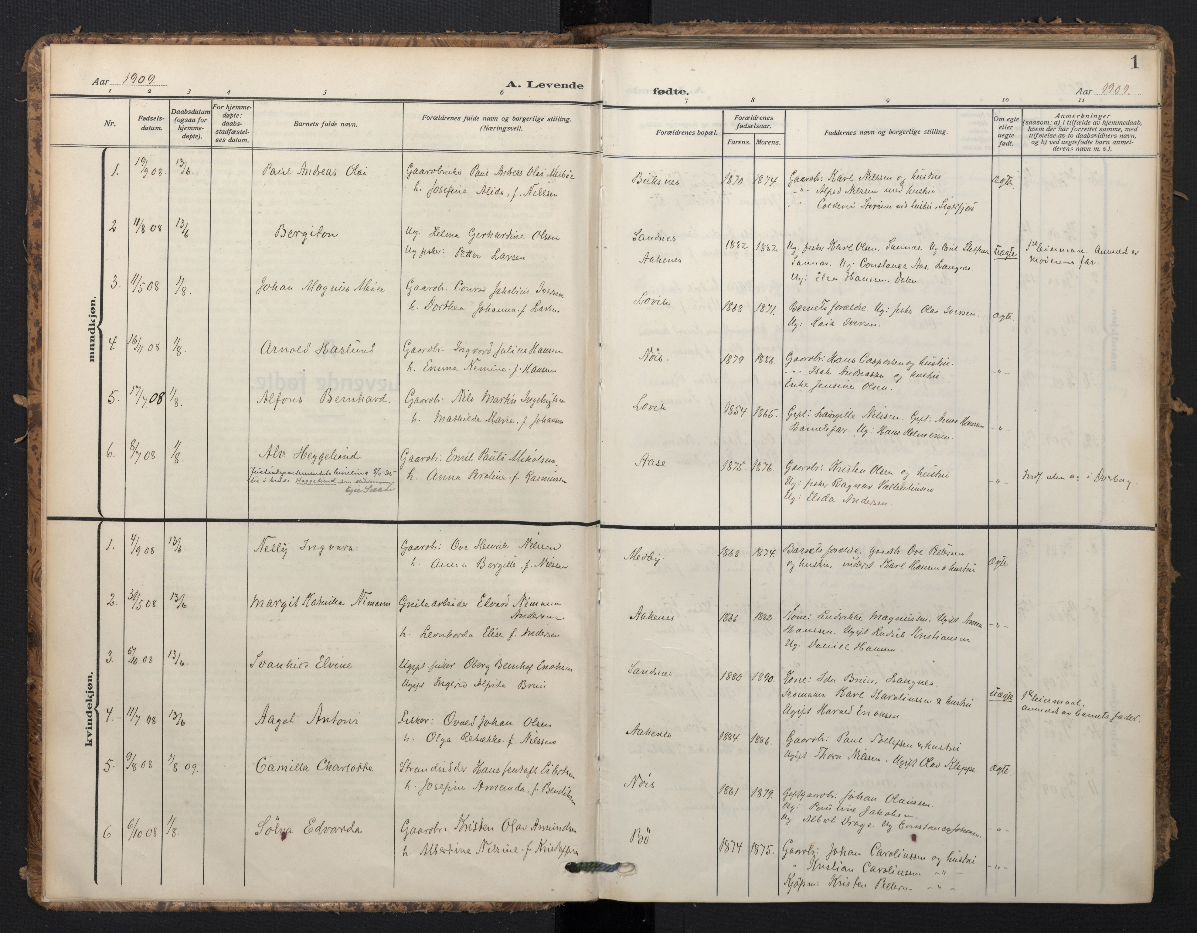 Ministerialprotokoller, klokkerbøker og fødselsregistre - Nordland, SAT/A-1459/898/L1423: Parish register (official) no. 898A03, 1909-1928, p. 1
