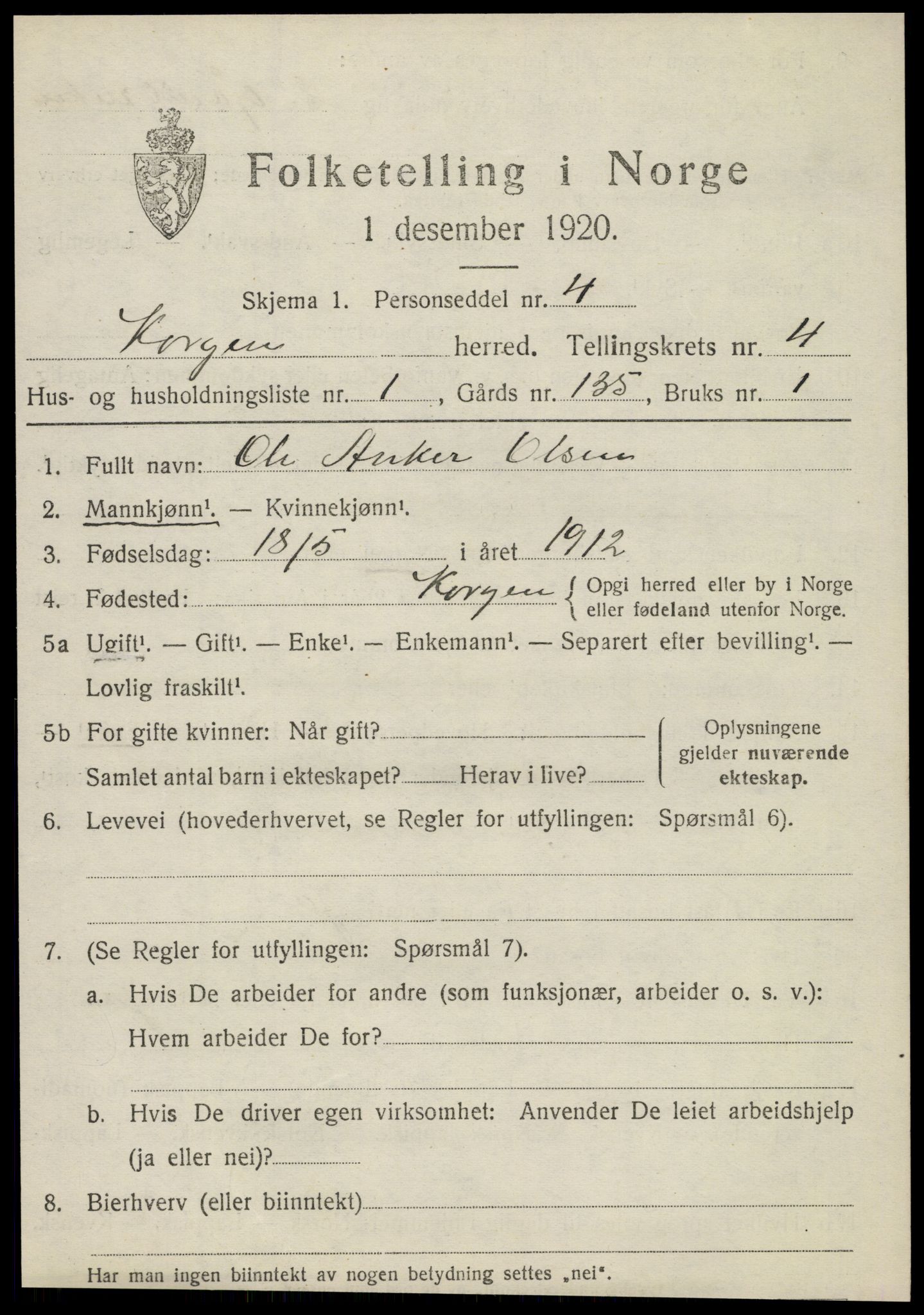 SAT, 1920 census for Korgen, 1920, p. 1746