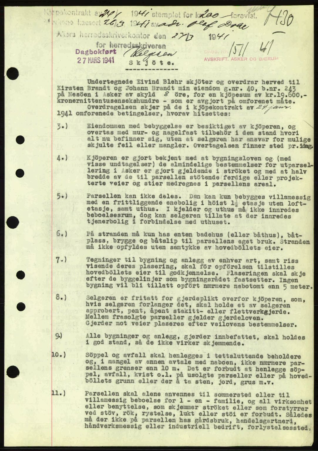 Aker herredsskriveri, AV/SAO-A-10896/G/Gb/Gbb/Gbbb/L0019: Mortgage book no. A65, 1941-1941, Diary no: : 1511/1941