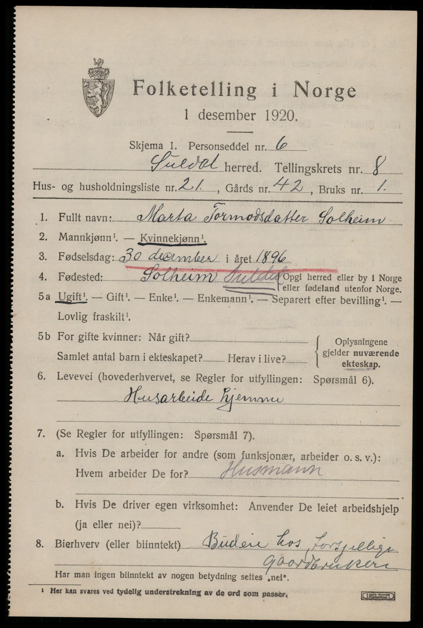 SAST, 1920 census for Suldal, 1920, p. 2138
