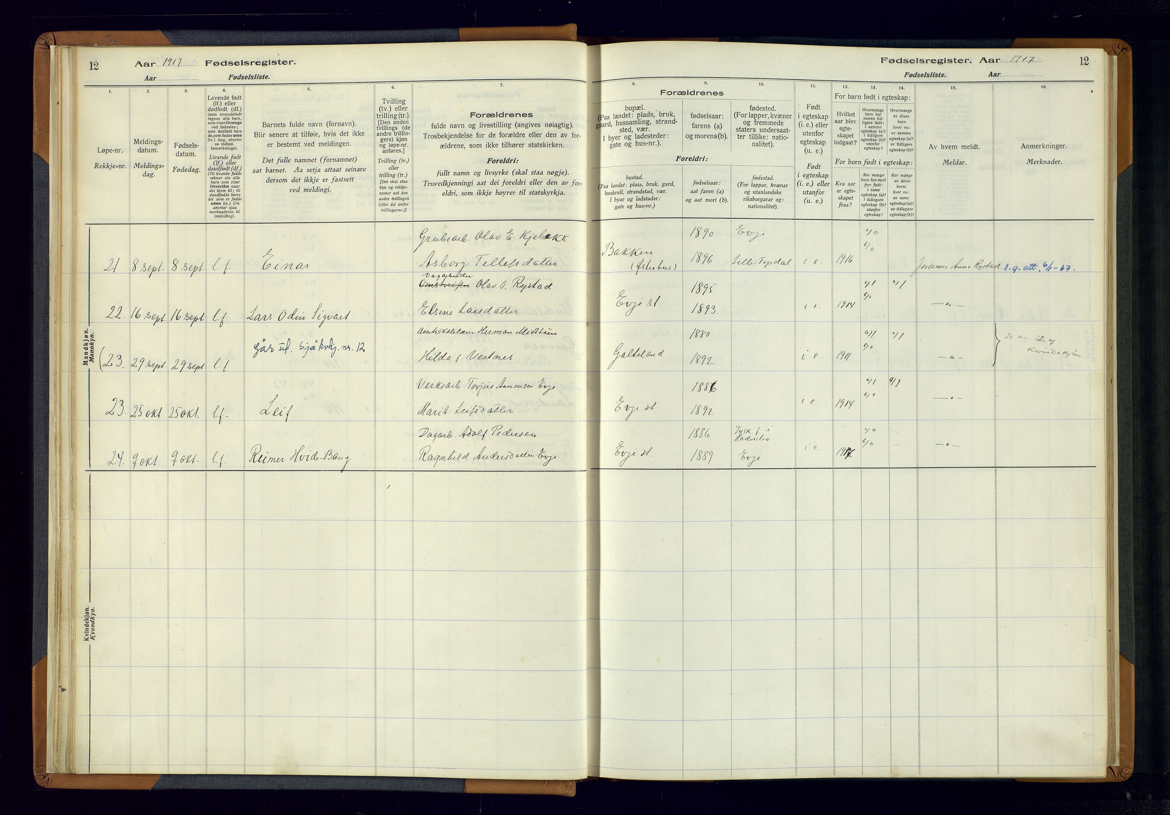 Evje sokneprestkontor, SAK/1111-0008/J/Jc/L0004: Birth register no. 4, 1916-1968, p. 12