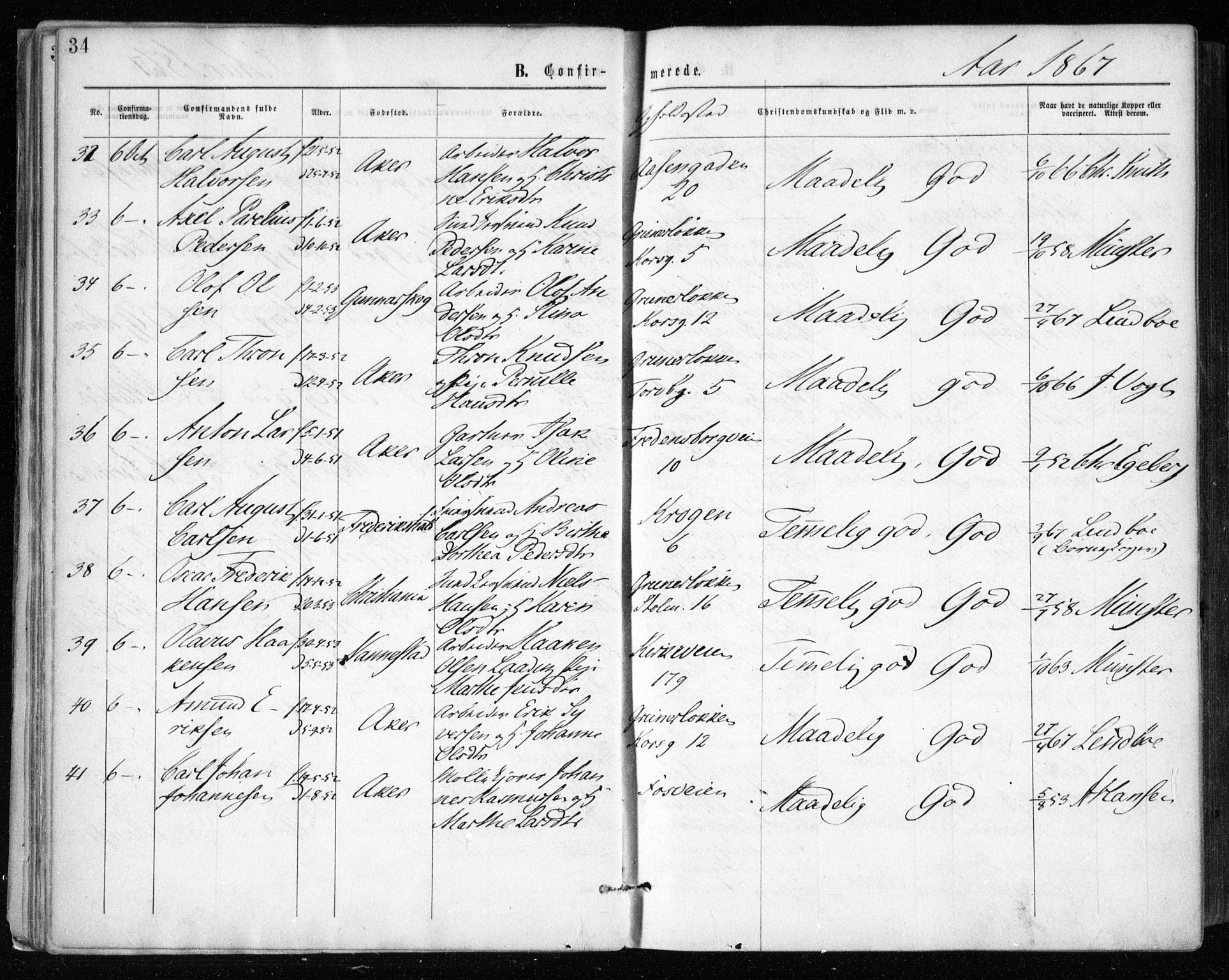 Gamle Aker prestekontor Kirkebøker, AV/SAO-A-10617a/F/L0003: Parish register (official) no. 3, 1865-1873, p. 34