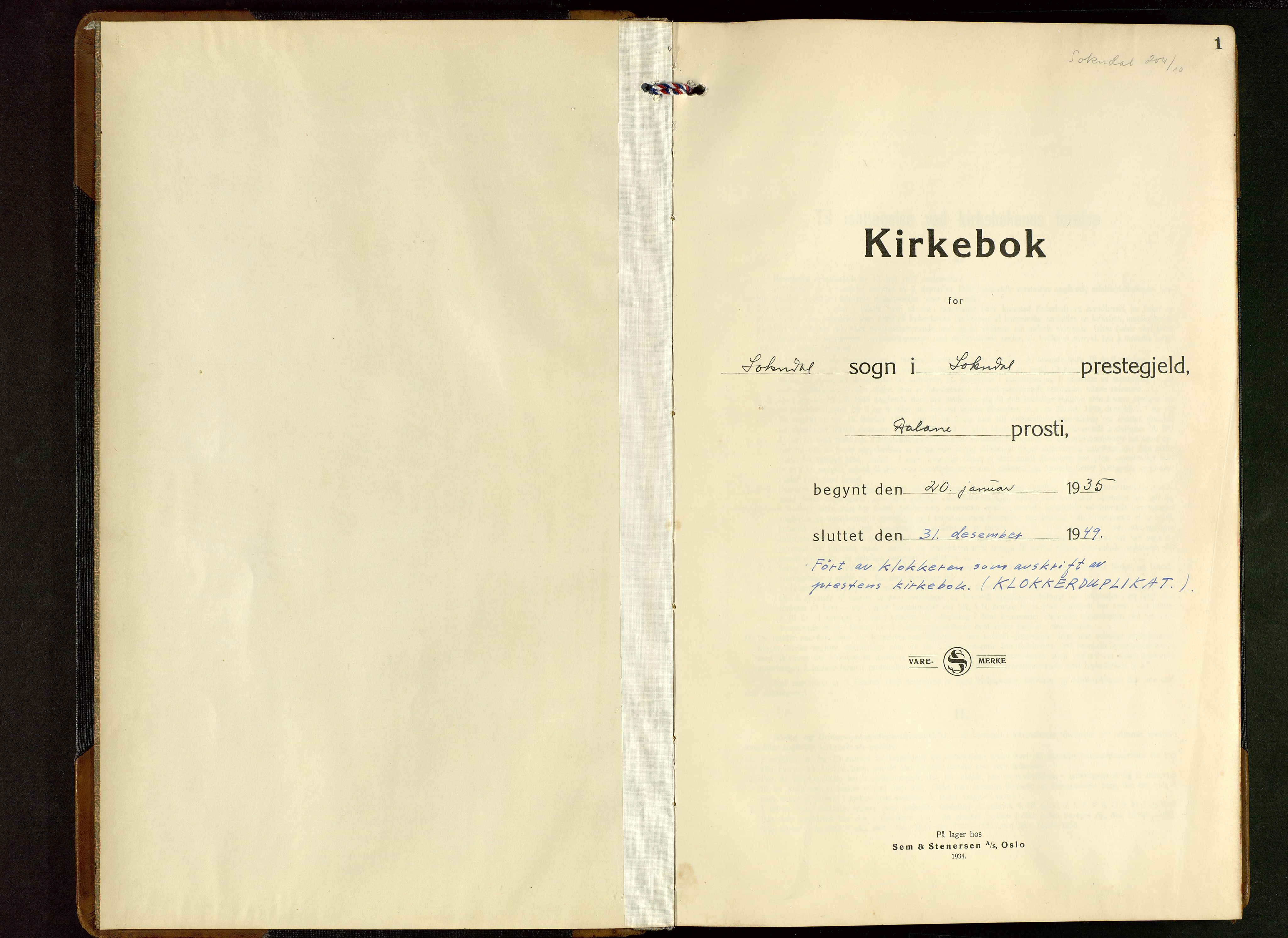 Sokndal sokneprestkontor, AV/SAST-A-101808: Parish register (copy) no. B 9, 1935-1949, p. 1