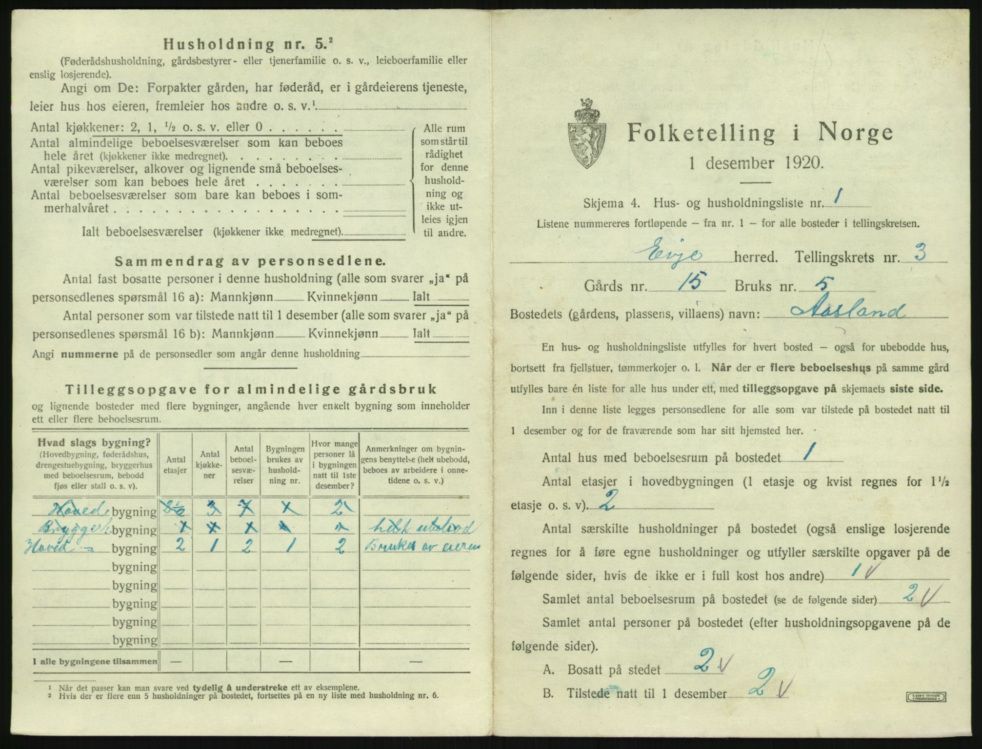 SAK, 1920 census for Evje, 1920, p. 106