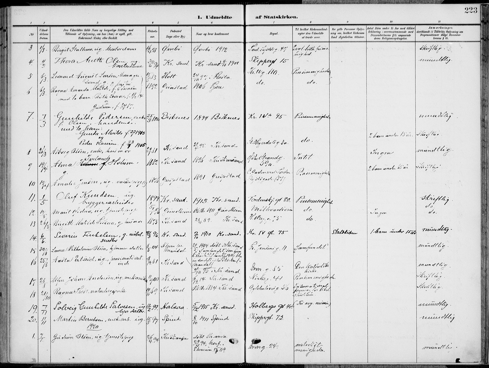 Kristiansand domprosti, SAK/1112-0006/F/Fa/L0022: Parish register (official) no. A 21, 1905-1916, p. 223