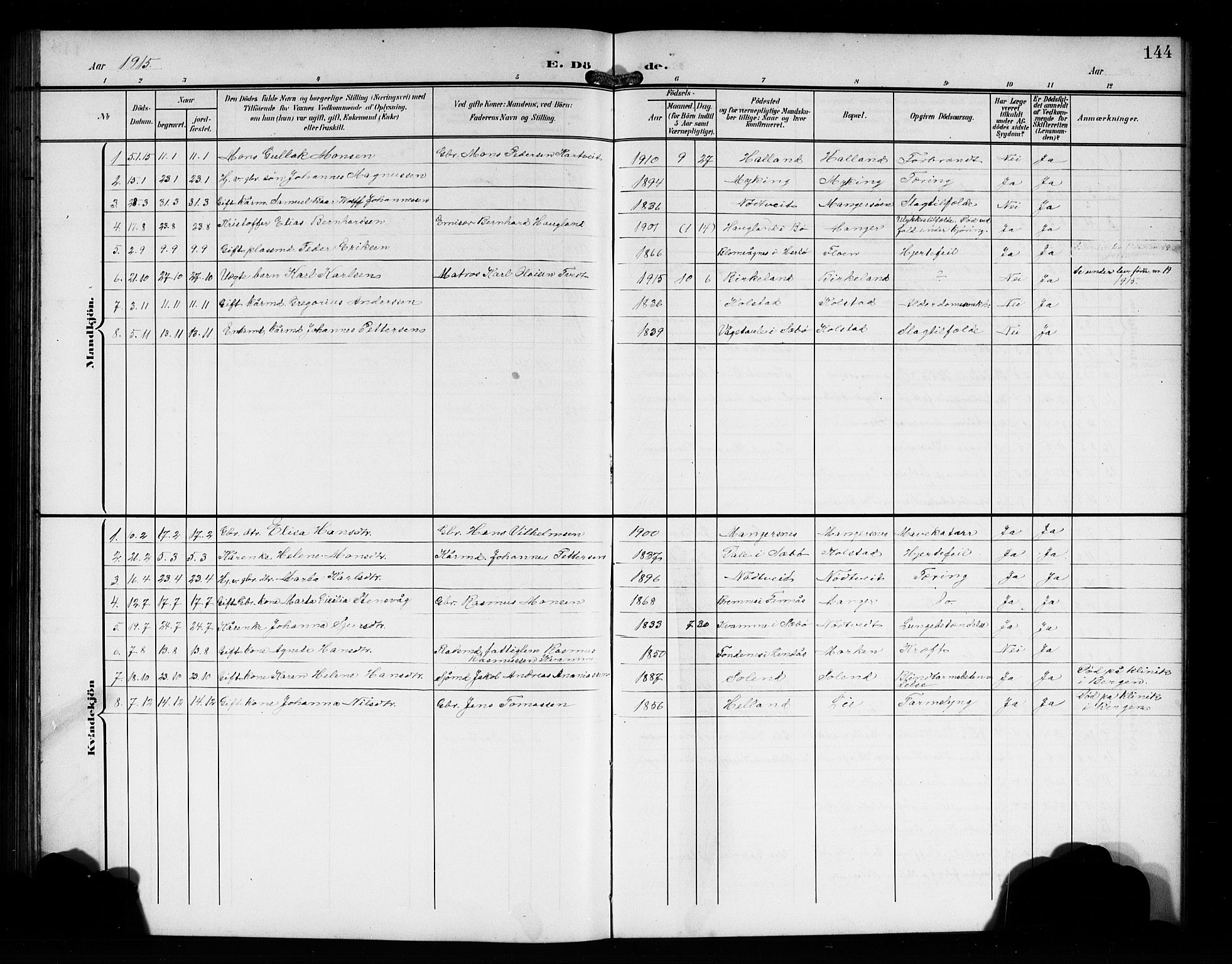 Manger sokneprestembete, SAB/A-76801/H/Hab: Parish register (copy) no. A 2, 1902-1923, p. 144