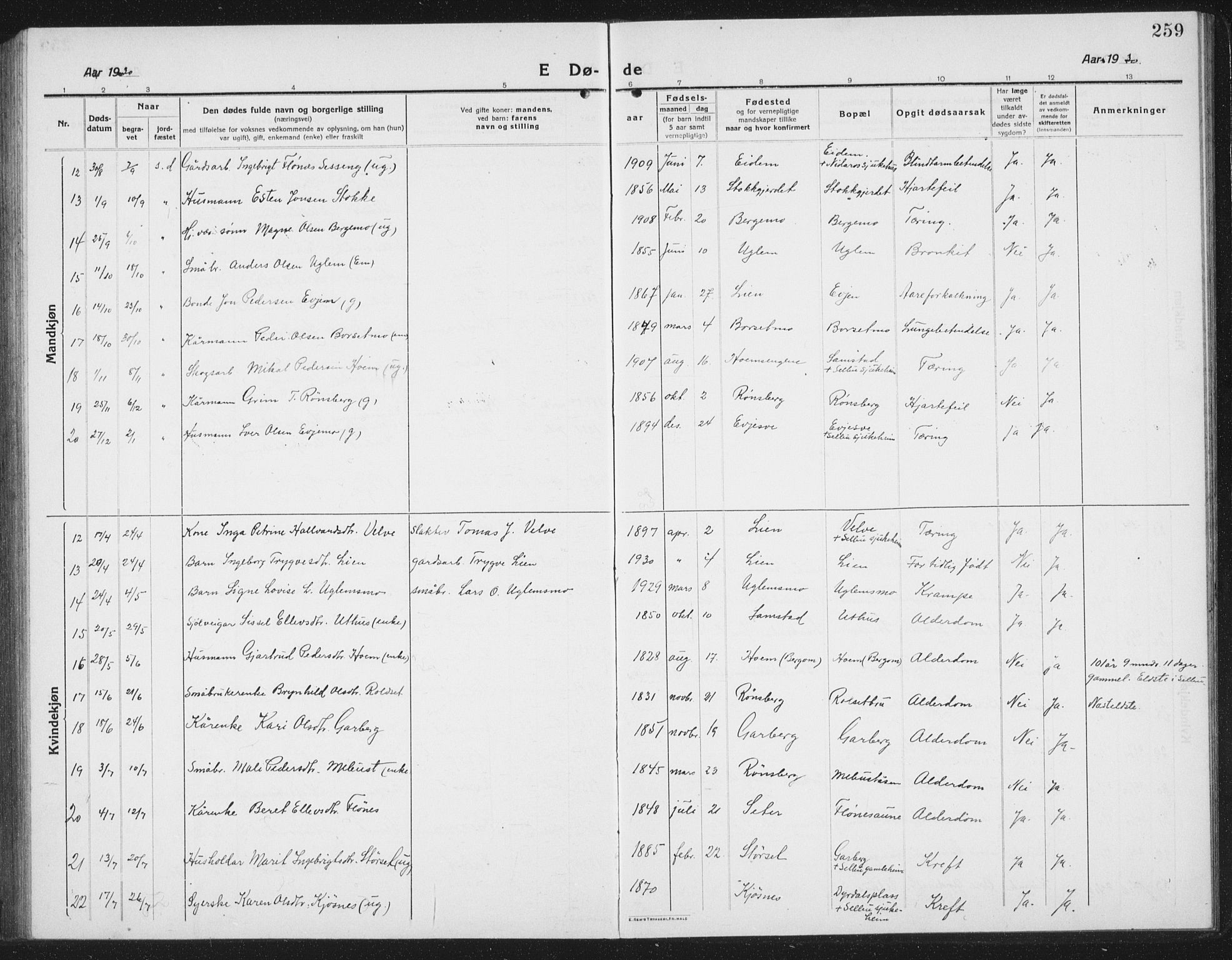 Ministerialprotokoller, klokkerbøker og fødselsregistre - Sør-Trøndelag, AV/SAT-A-1456/695/L1158: Parish register (copy) no. 695C09, 1913-1940, p. 259