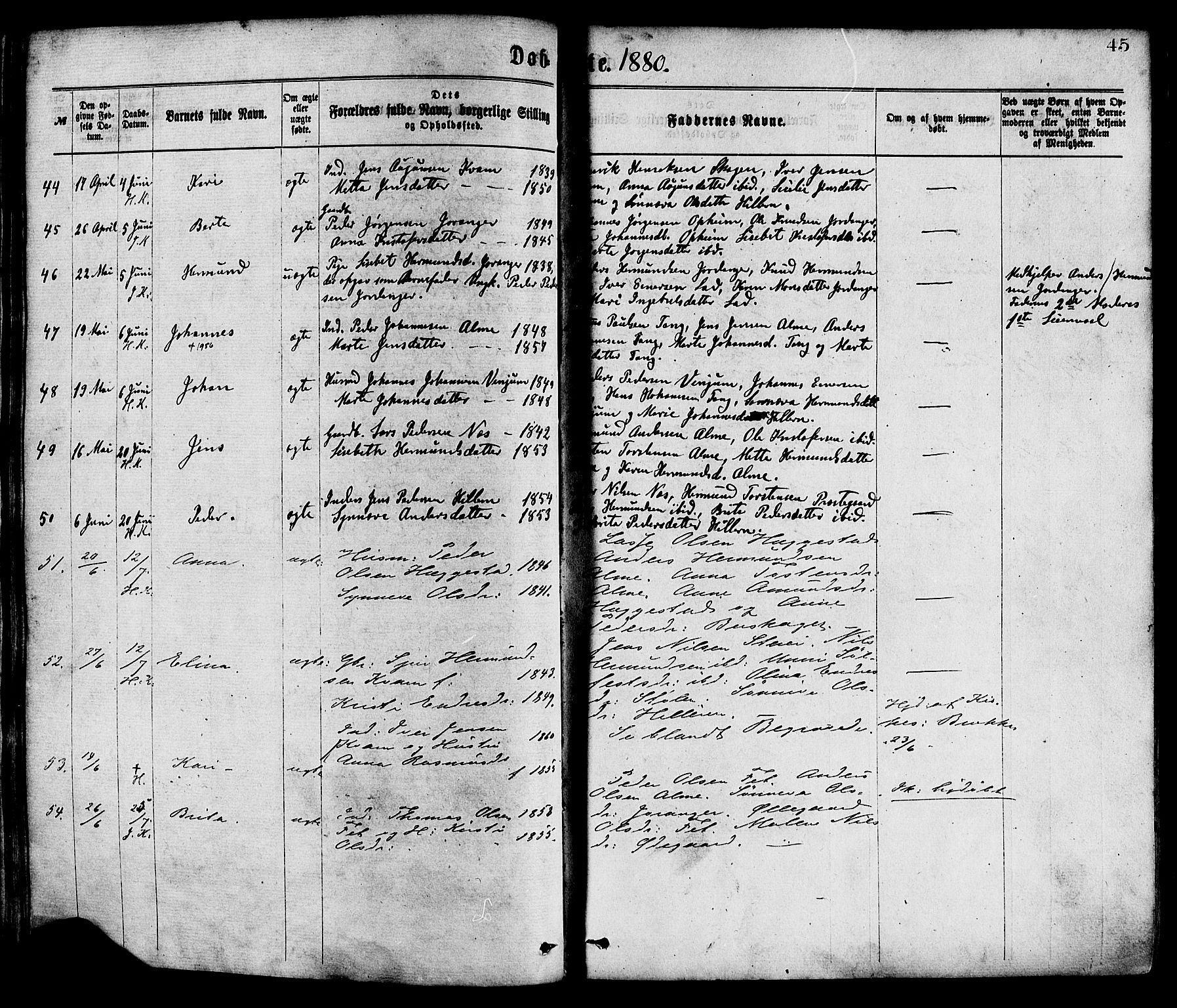 Hafslo sokneprestembete, AV/SAB-A-80301/H/Haa/Haaa/L0011: Parish register (official) no. A 11, 1873-1886, p. 45