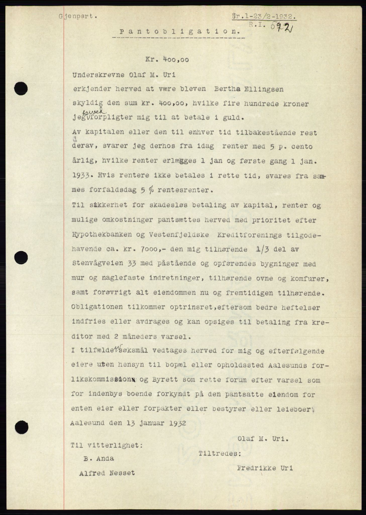 Ålesund byfogd, AV/SAT-A-4384: Mortgage book no. 29, 1931-1932, Deed date: 23.02.1932