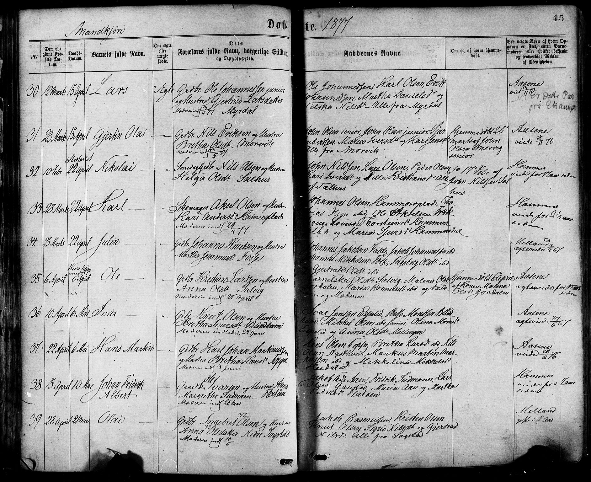 Hamre sokneprestembete, AV/SAB-A-75501/H/Ha/Haa/Haaa/L0015: Parish register (official) no. A 15, 1870-1881, p. 45