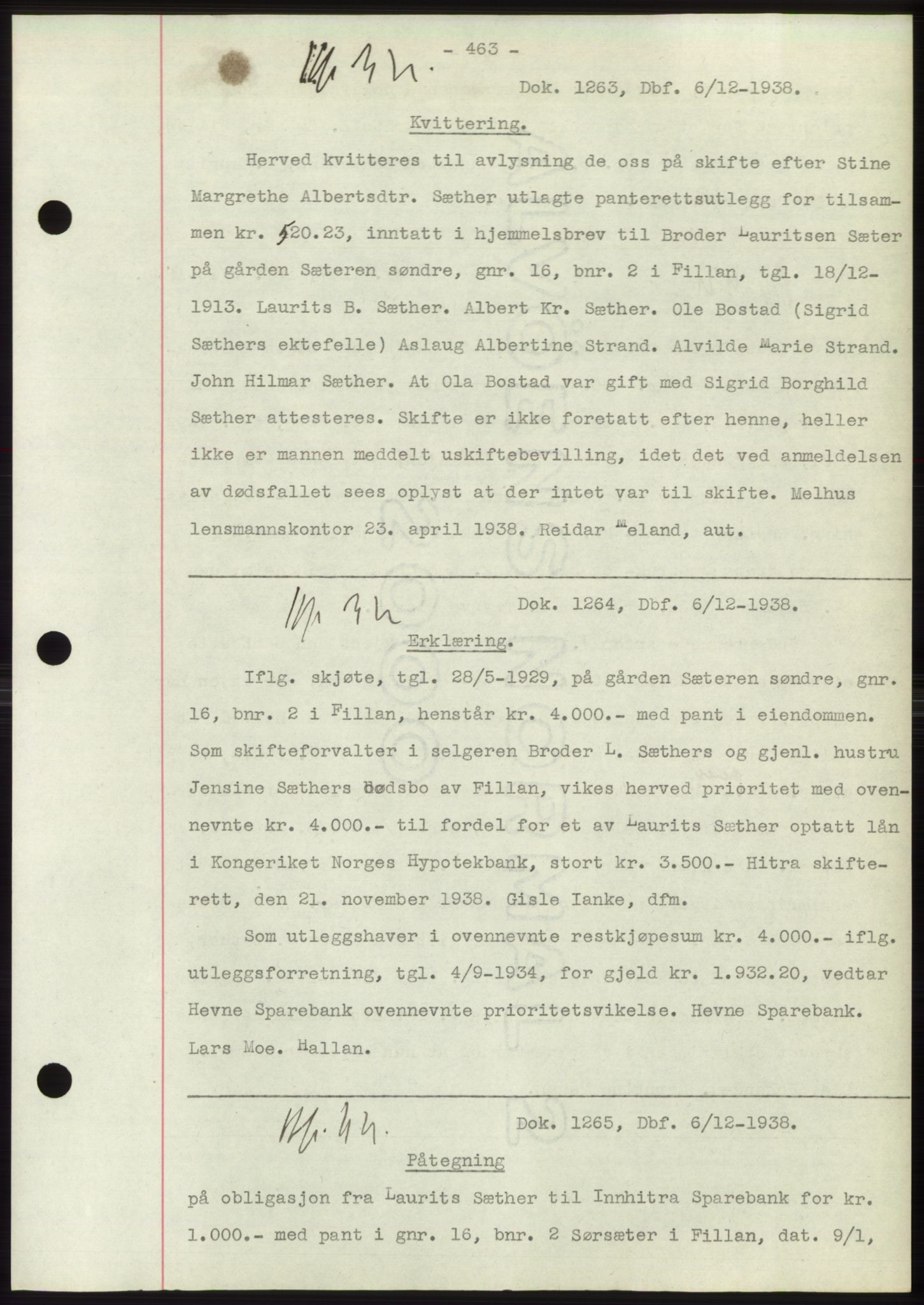 Hitra sorenskriveri, AV/SAT-A-0018/2/2C/2Ca: Mortgage book no. C1, 1936-1945, Diary no: : 1263/1938