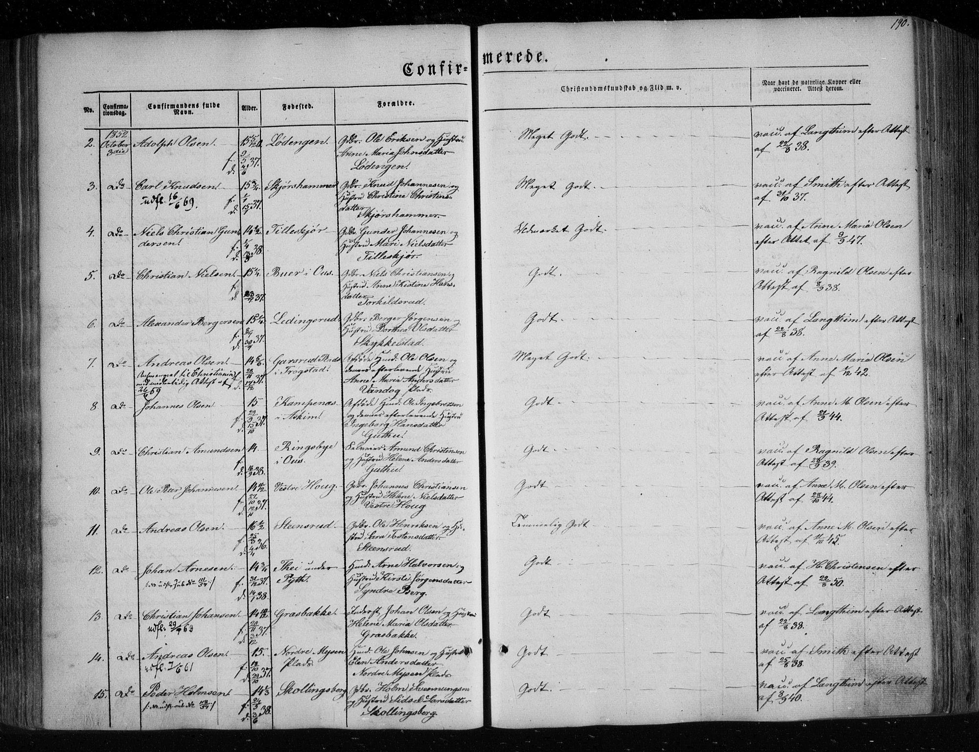Eidsberg prestekontor Kirkebøker, SAO/A-10905/F/Fa/L0009: Parish register (official) no. I 9, 1849-1856, p. 190