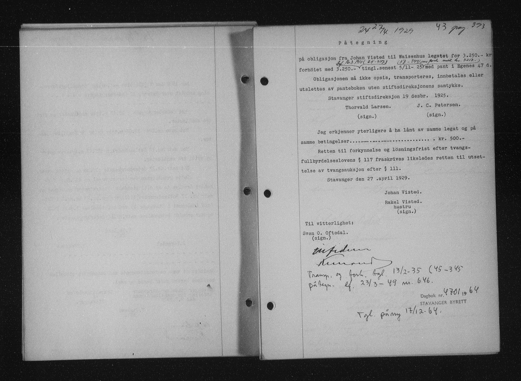 Stavanger byfogd, AV/SAST-A-101408/001/4/41/410/410BB/L0055: Mortgage book no. 43, 1928-1929, Deed date: 27.04.1929