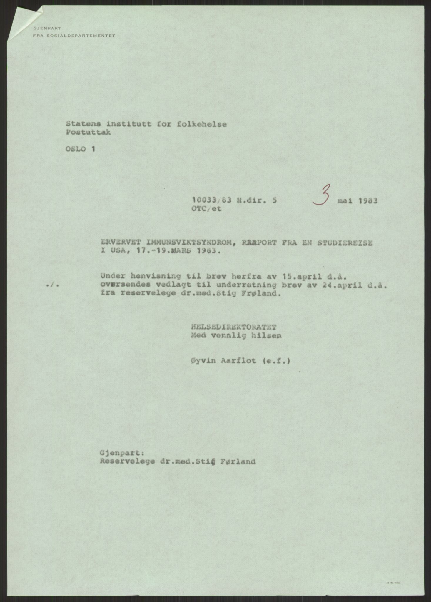 Sosialdepartementet, Helsedirektoratet, Hygienekontoret, H5, AV/RA-S-1287/2/D/Dc/L0151/0001: -- / Aids, 1983, p. 93