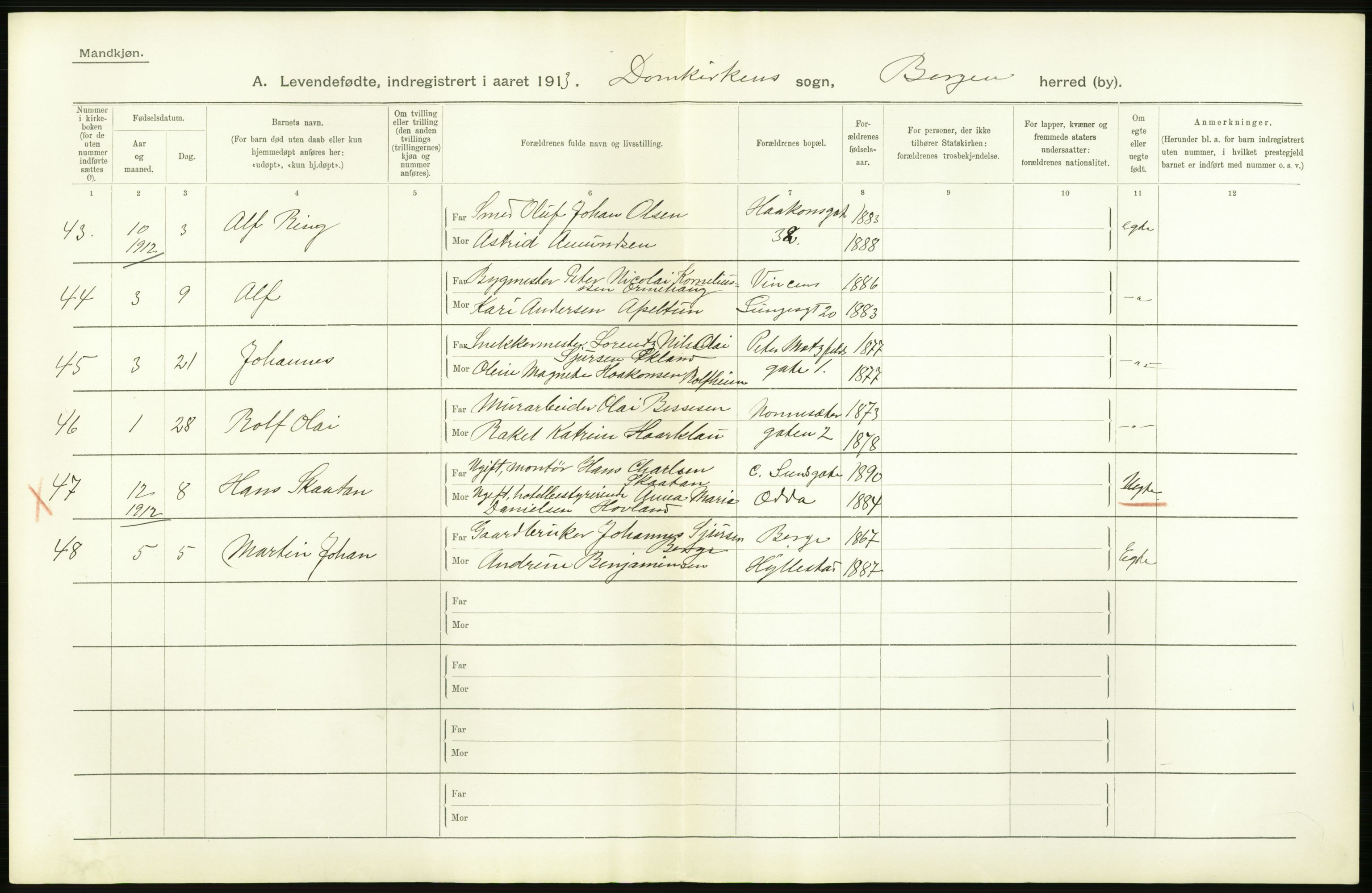 Statistisk sentralbyrå, Sosiodemografiske emner, Befolkning, AV/RA-S-2228/D/Df/Dfb/Dfbc/L0030: Bergen: Levendefødte menn og kvinner., 1913, p. 22