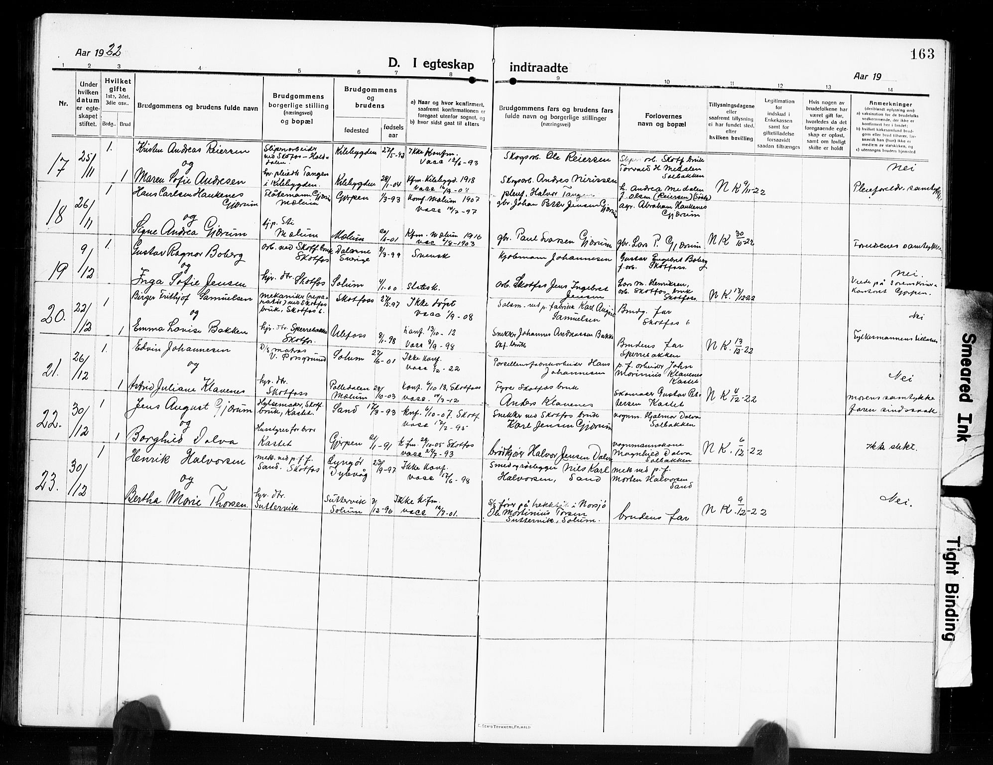 Solum kirkebøker, SAKO/A-306/G/Gb/L0006: Parish register (copy) no. II 6, 1915-1927, p. 163