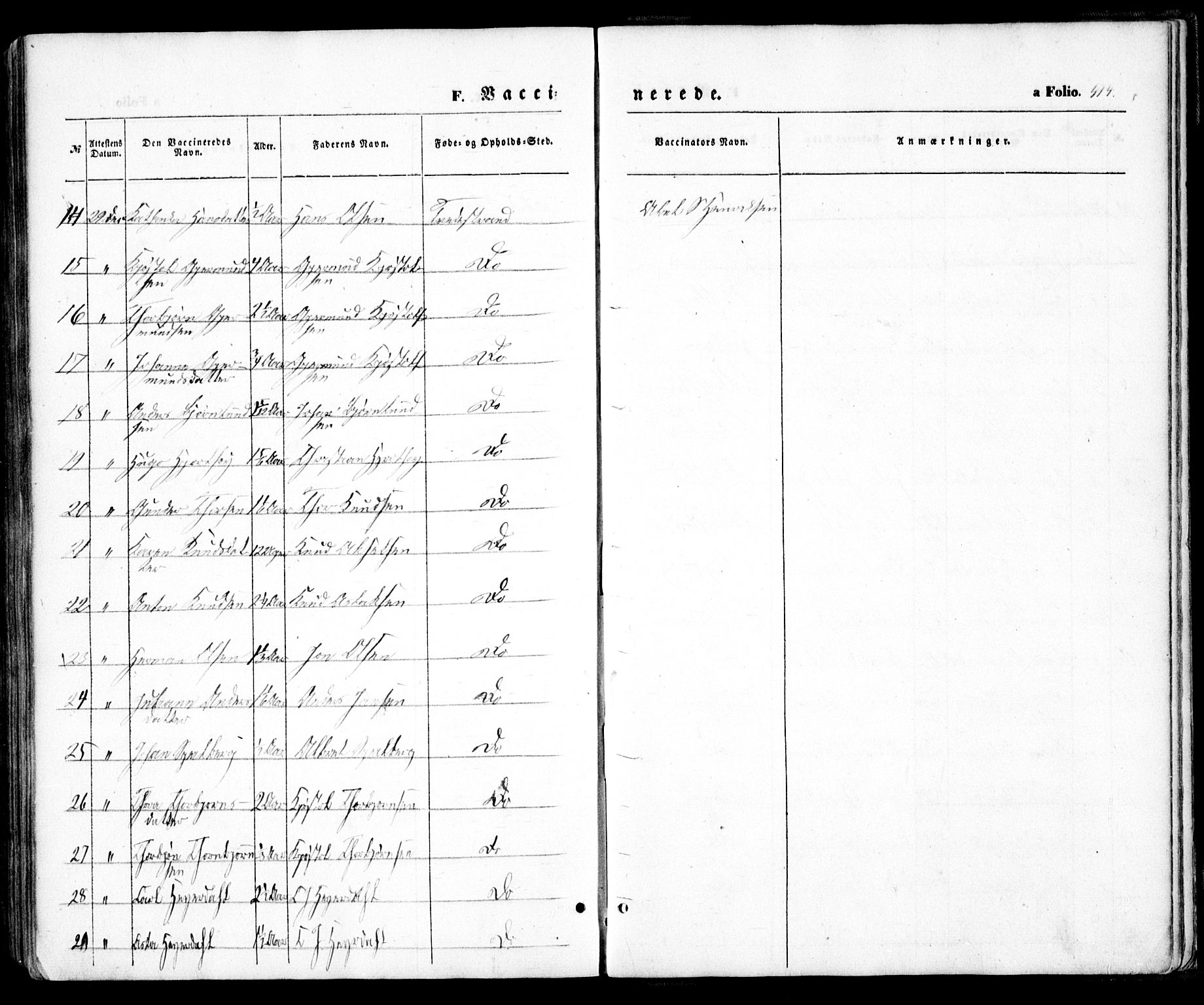 Holt sokneprestkontor, AV/SAK-1111-0021/F/Fa/L0008: Parish register (official) no. A 8, 1849-1860, p. 414