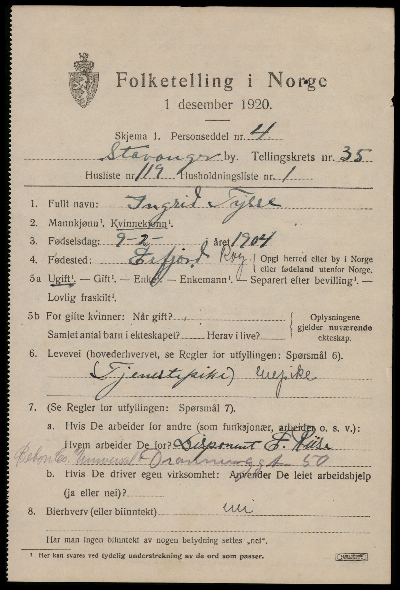 SAST, 1920 census for Stavanger, 1920, p. 95716