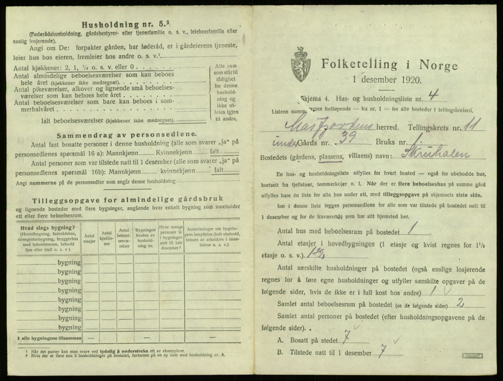 SAB, 1920 census for Masfjorden, 1920, p. 542