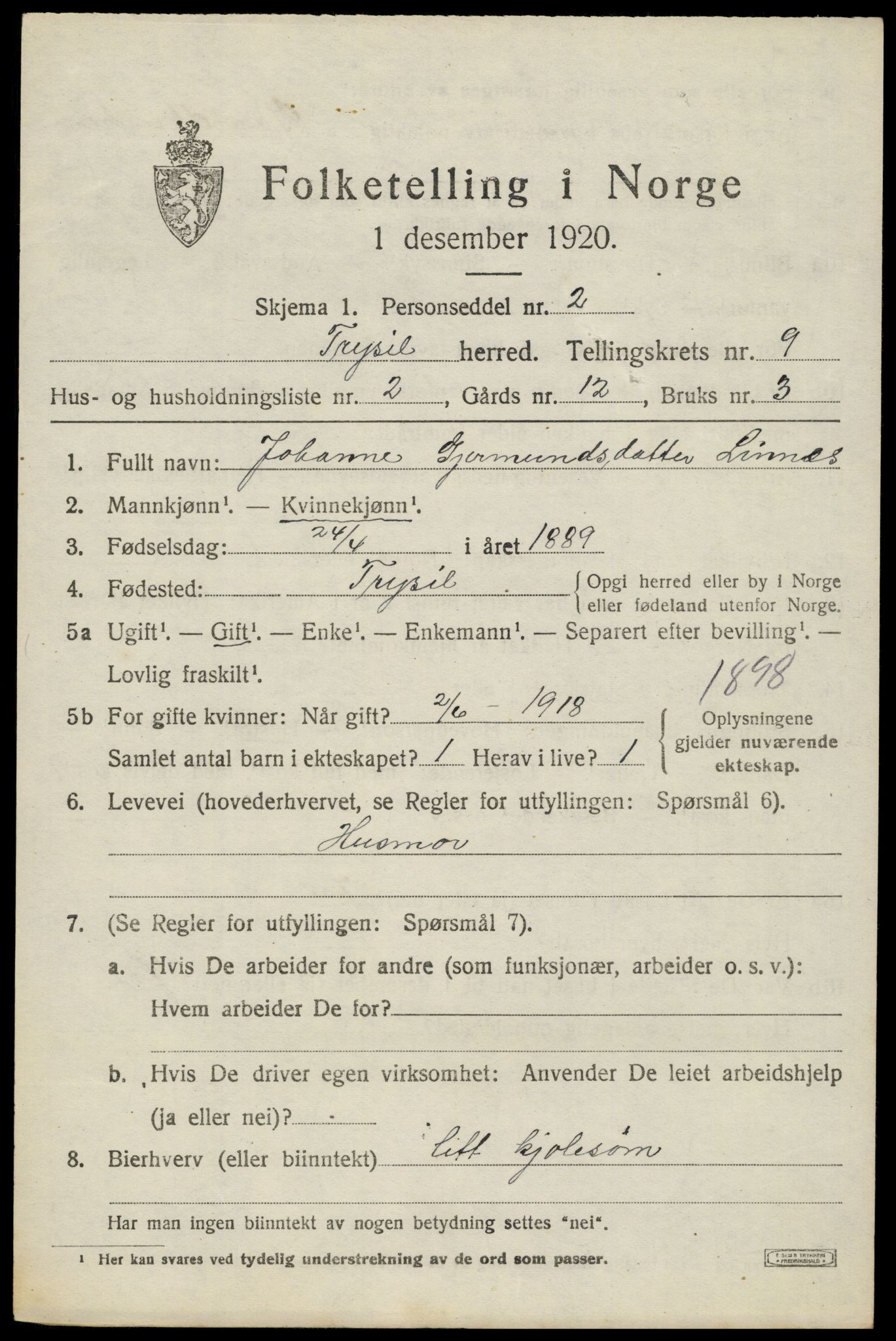 SAH, 1920 census for Trysil, 1920, p. 6577