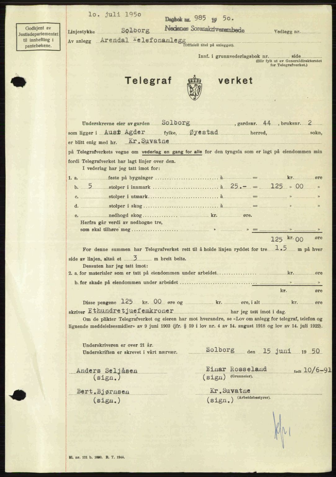 Nedenes sorenskriveri, SAK/1221-0006/G/Gb/Gba/L0062: Mortgage book no. A14, 1949-1950, Diary no: : 985/1950