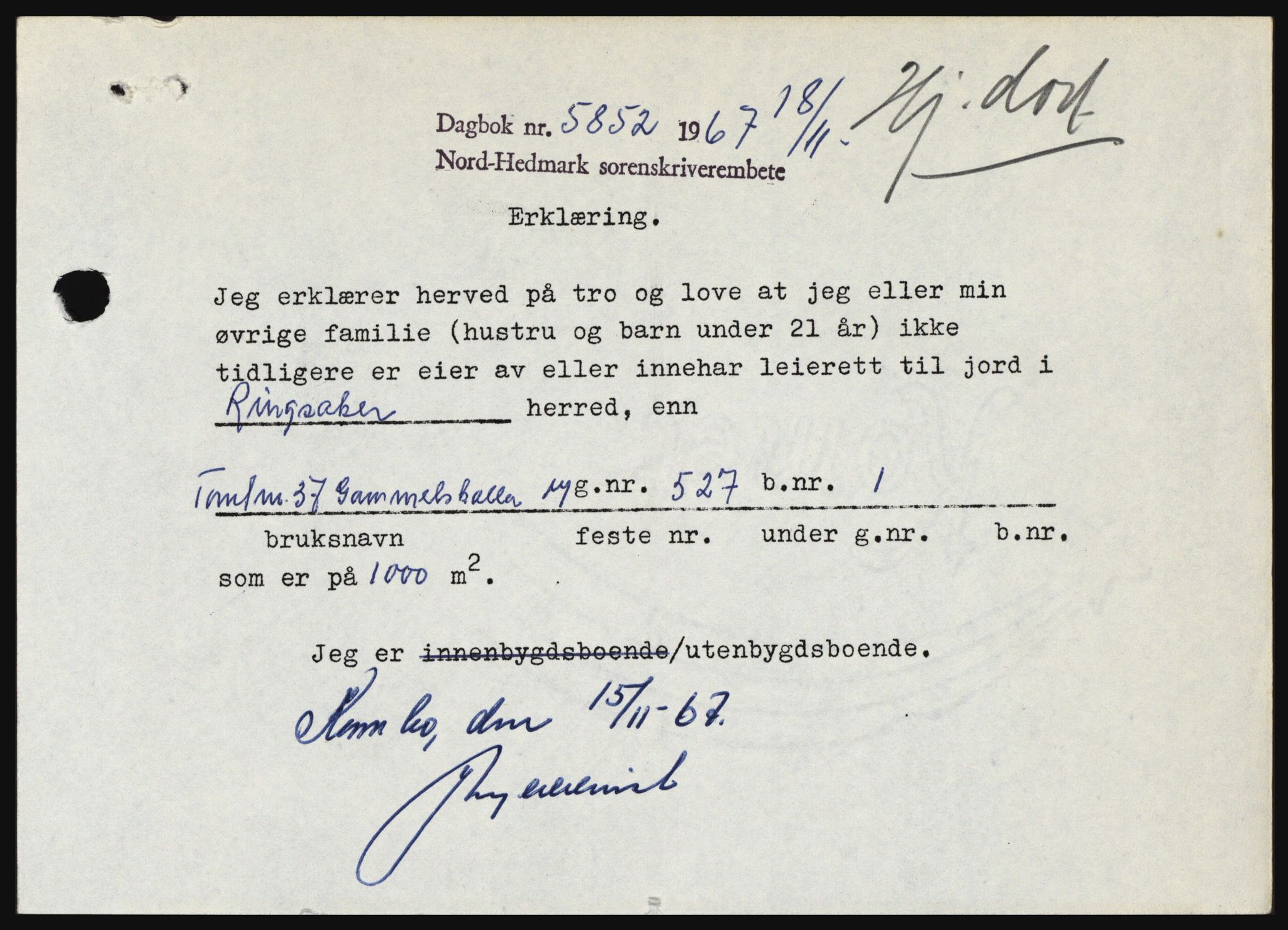 Nord-Hedmark sorenskriveri, SAH/TING-012/H/Hc/L0027: Mortgage book no. 27, 1967-1968, Diary no: : 5852/1967