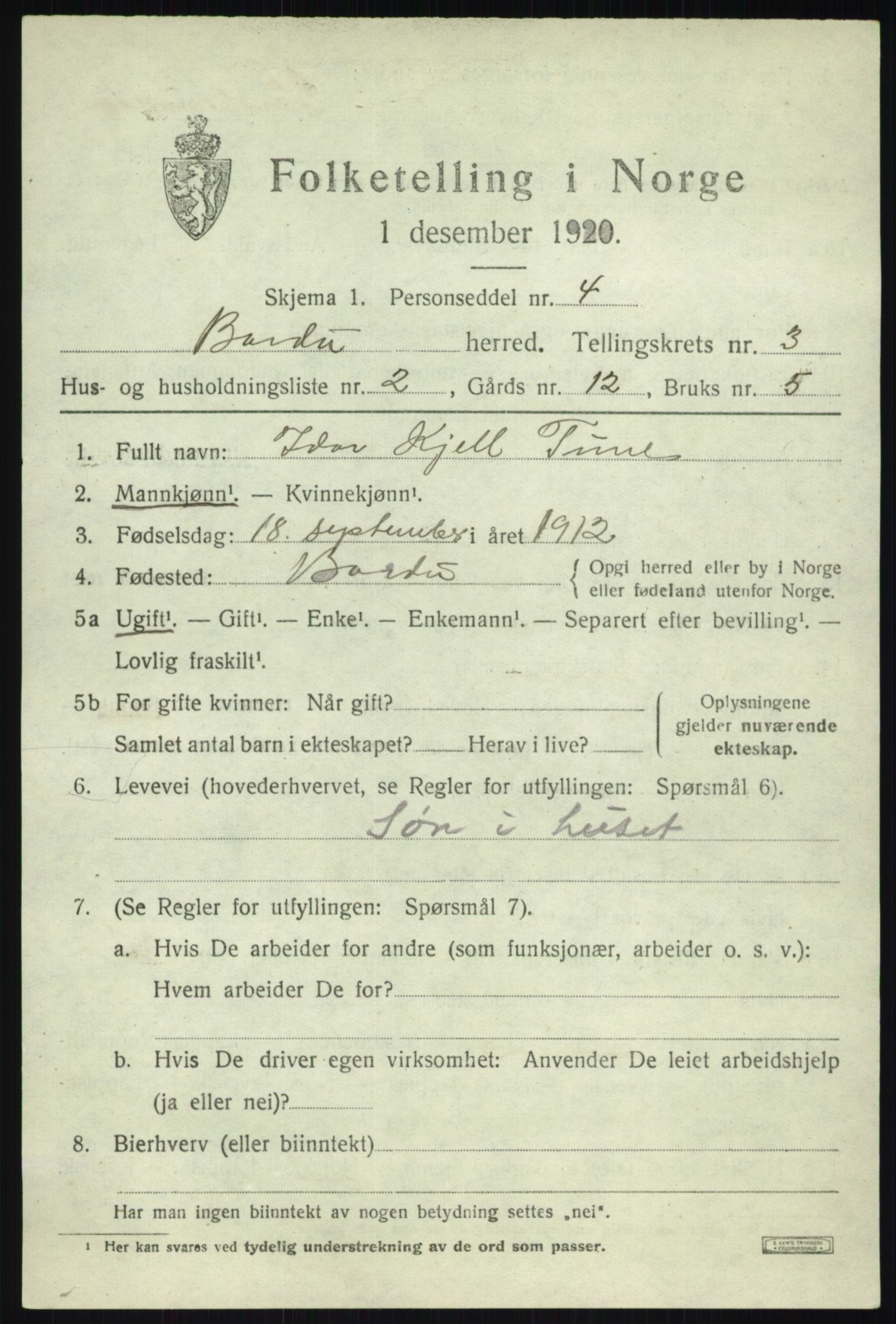 SATØ, 1920 census for Bardu, 1920, p. 1183