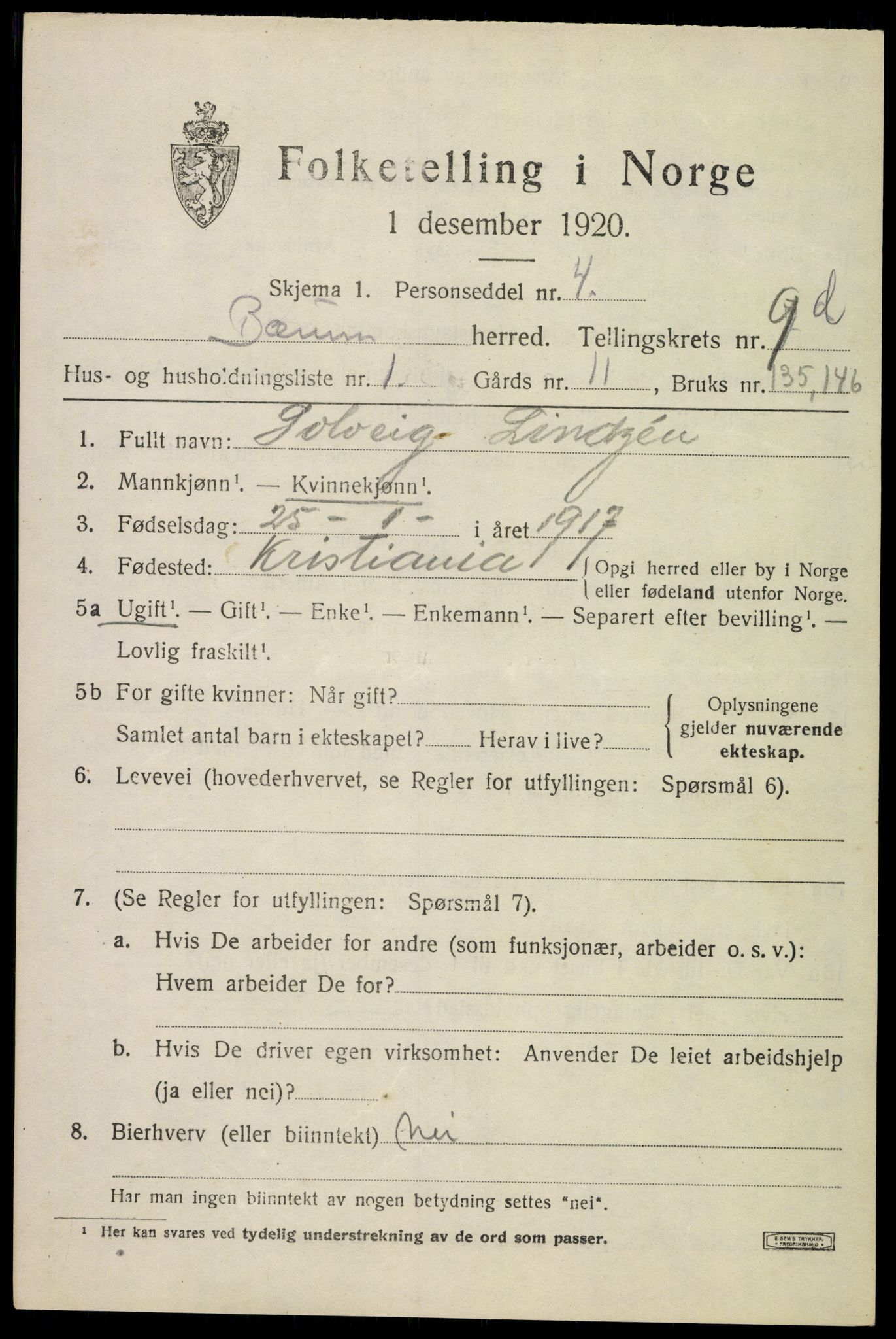 SAO, 1920 census for Bærum, 1920, p. 22854