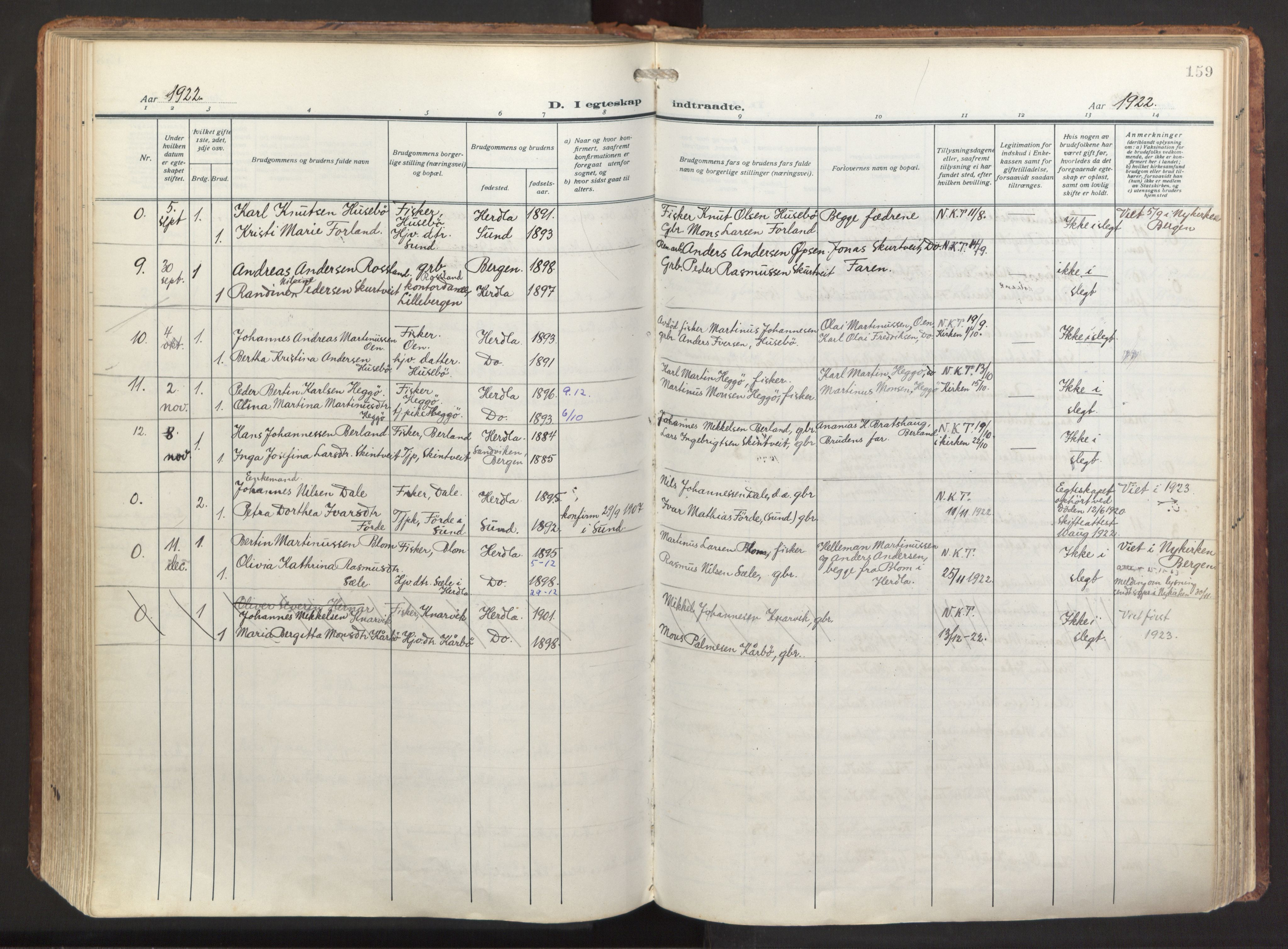 Herdla Sokneprestembete, AV/SAB-A-75701/H/Haa: Parish register (official) no. A 6, 1918-1933, p. 159