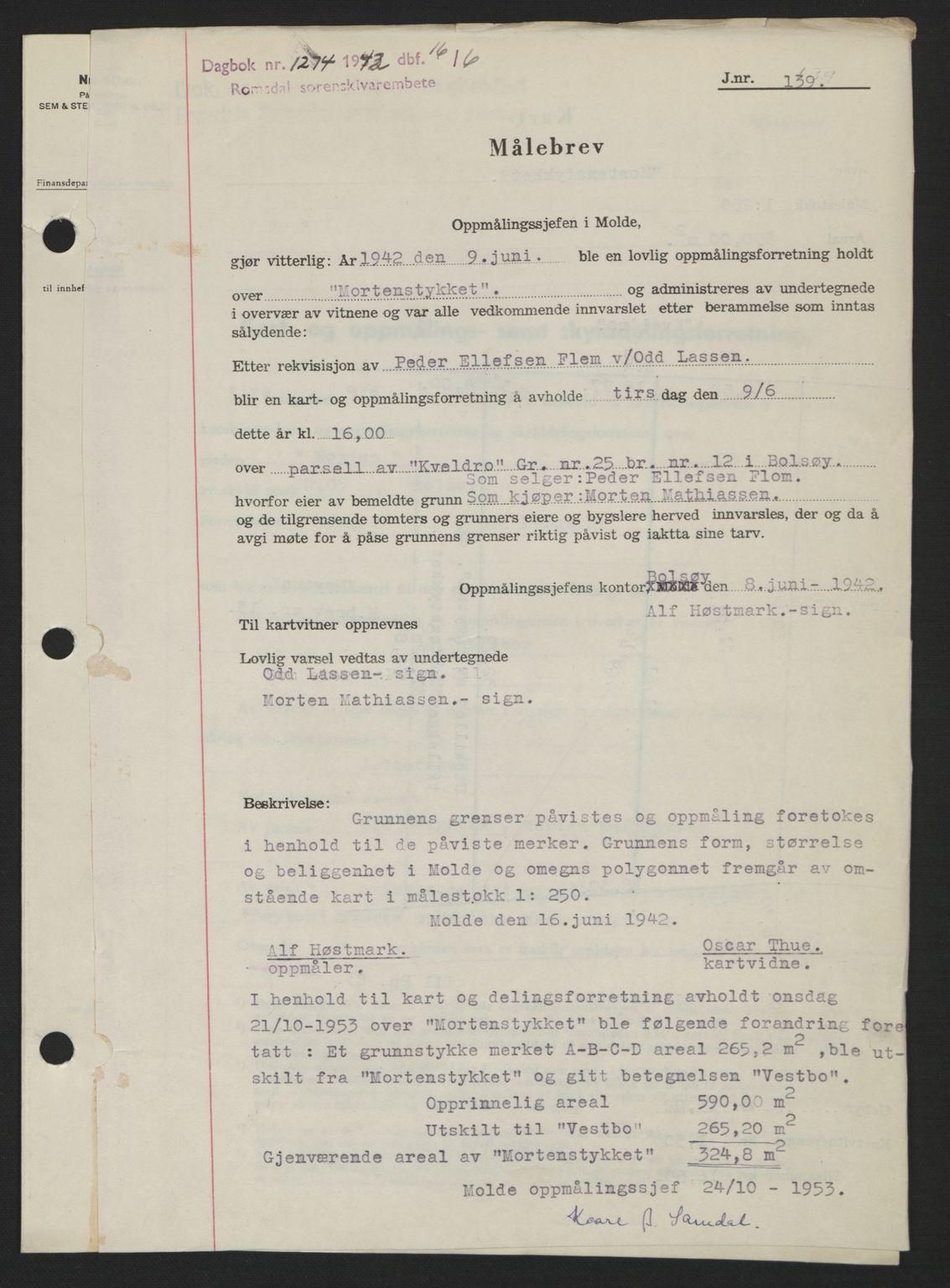 Romsdal sorenskriveri, AV/SAT-A-4149/1/2/2C: Mortgage book no. A12, 1942-1942, Diary no: : 1274/1942