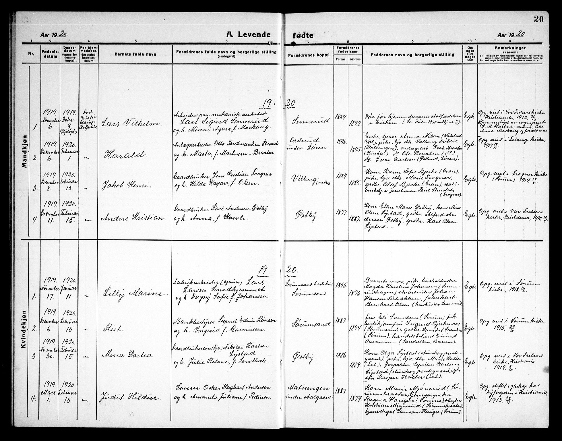 Sørum prestekontor Kirkebøker, AV/SAO-A-10303/G/Ga/L0008: Parish register (copy) no. I 8, 1917-1934, p. 20