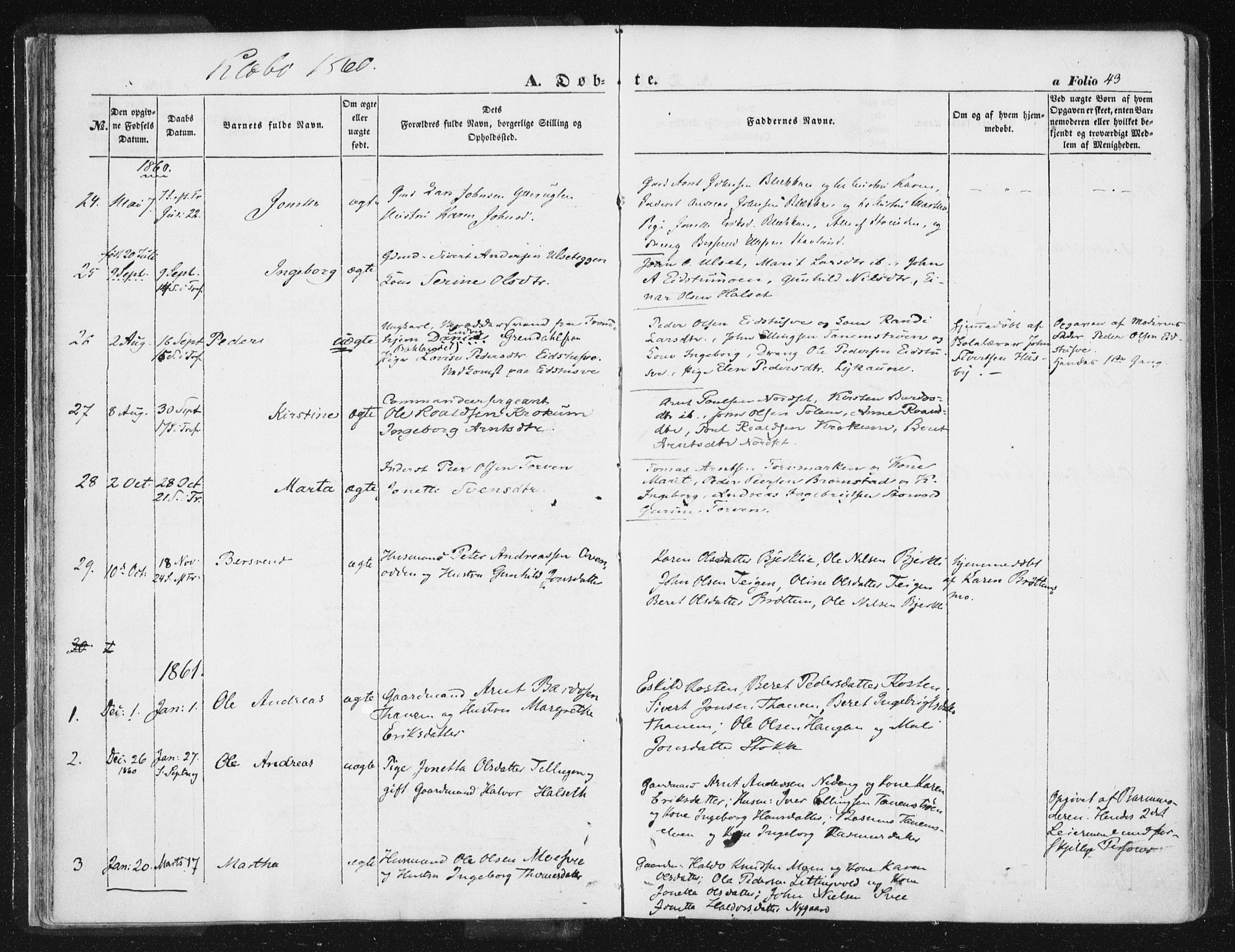 Ministerialprotokoller, klokkerbøker og fødselsregistre - Sør-Trøndelag, SAT/A-1456/618/L0441: Parish register (official) no. 618A05, 1843-1862, p. 43