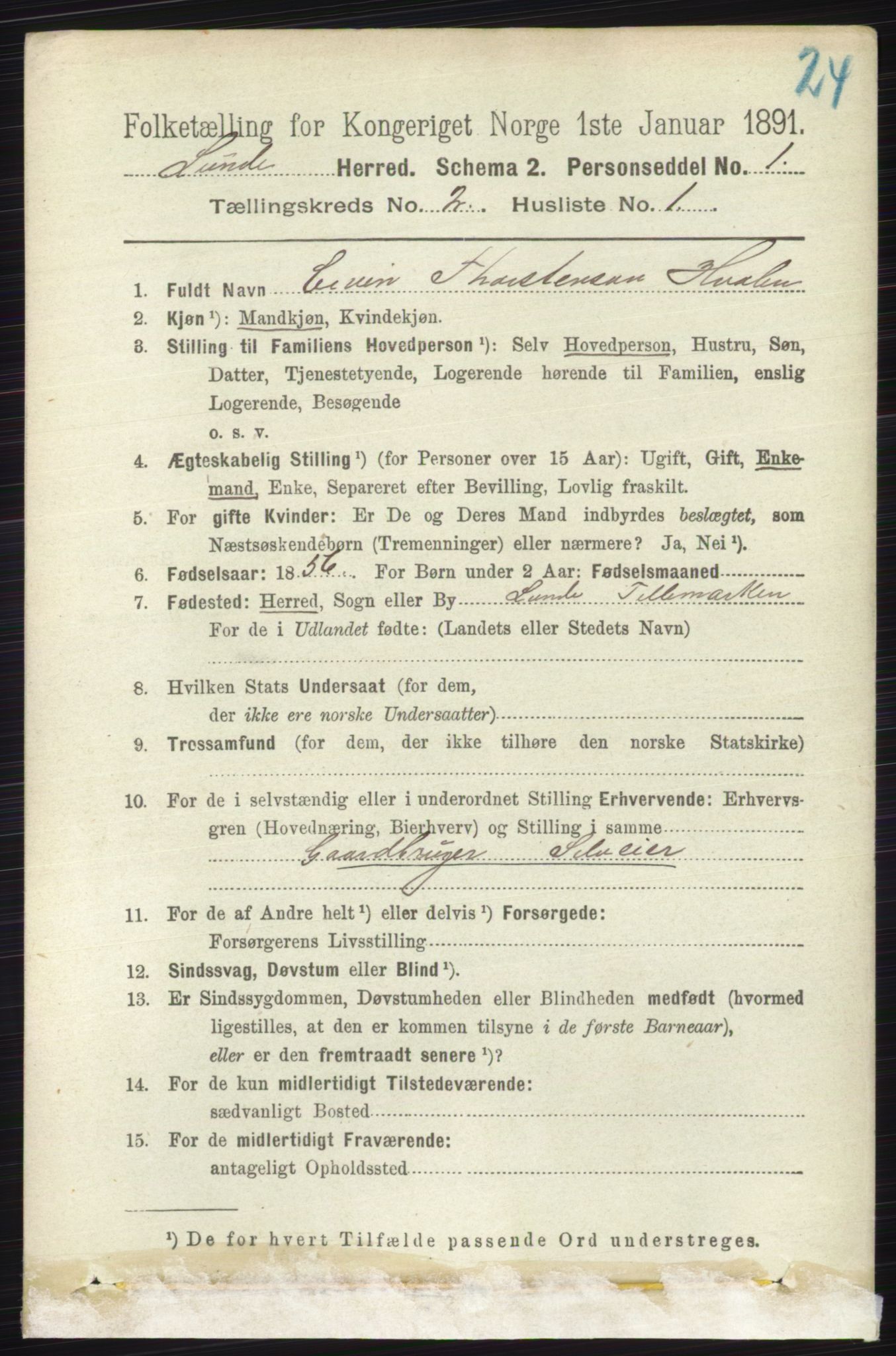 RA, 1891 census for 0820 Lunde, 1891, p. 358