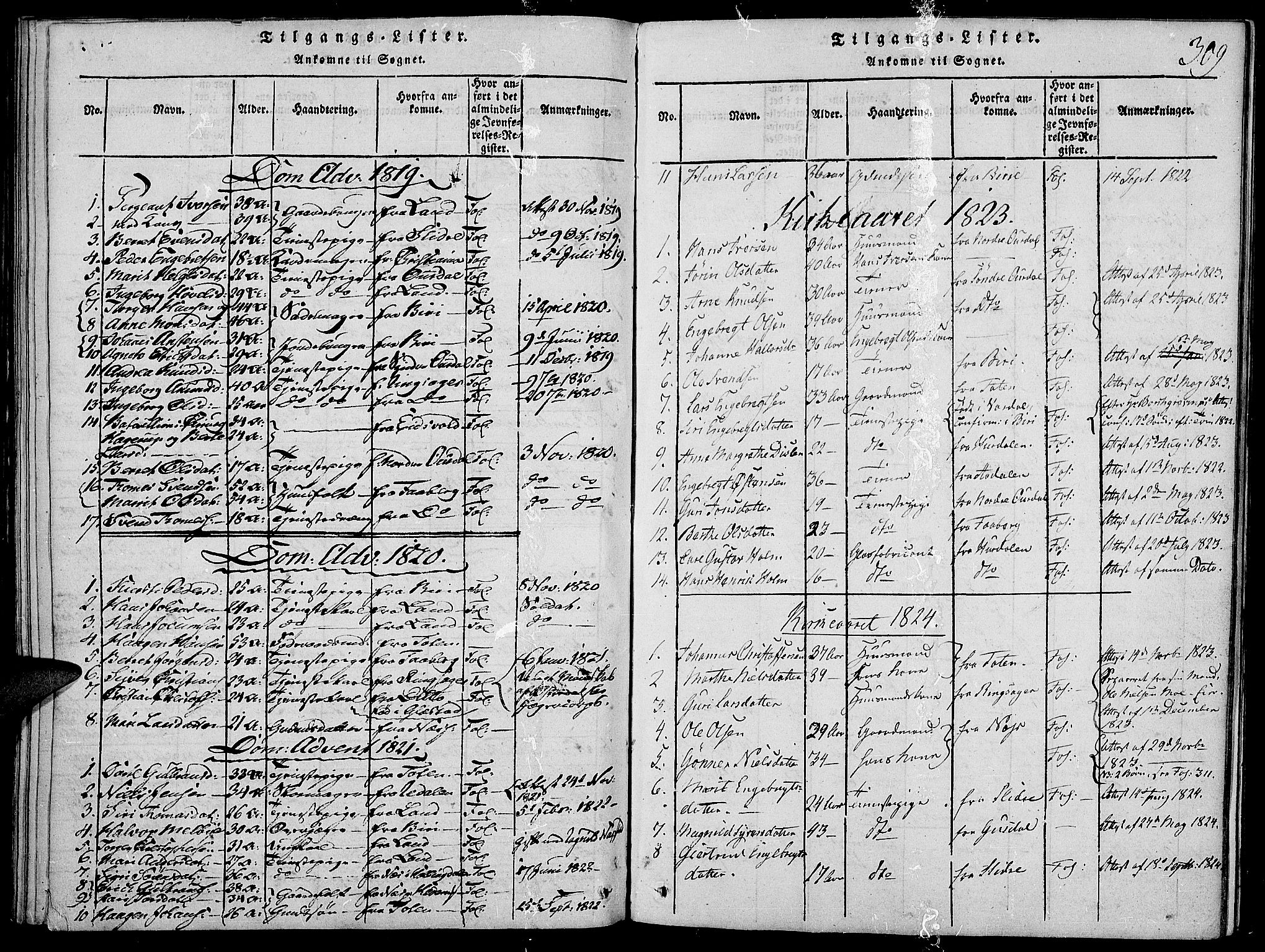 Vardal prestekontor, SAH/PREST-100/H/Ha/Haa/L0004: Parish register (official) no. 4, 1814-1831, p. 309