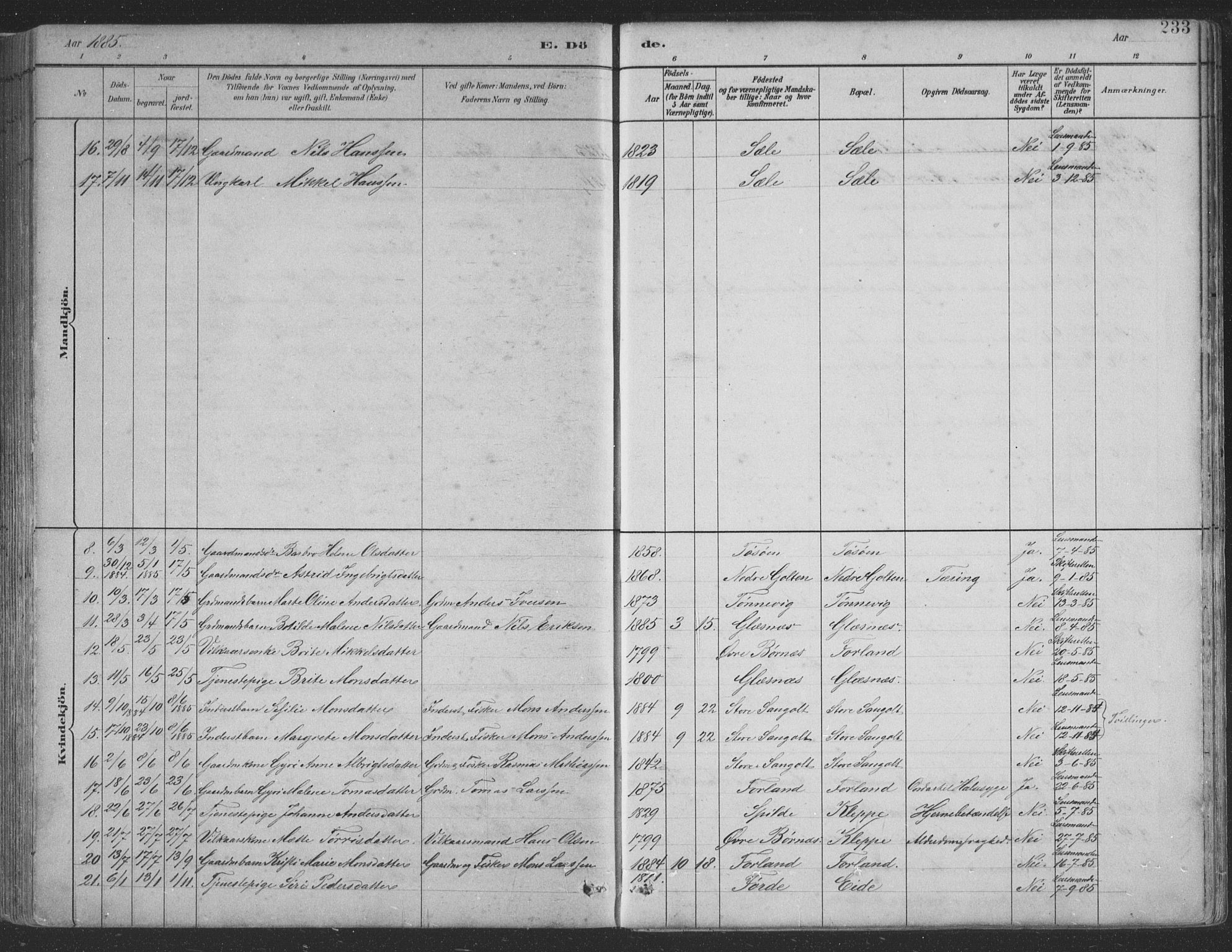 Sund sokneprestembete, AV/SAB-A-99930: Parish register (copy) no. B 3, 1882-1911, p. 233