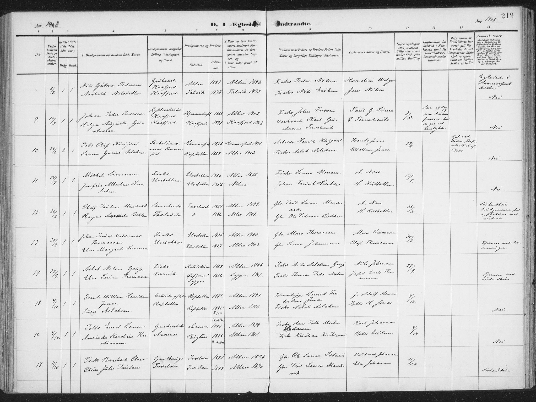 Alta sokneprestkontor, SATØ/S-1338/H/Ha/L0005.kirke: Parish register (official) no. 5, 1904-1918, p. 219